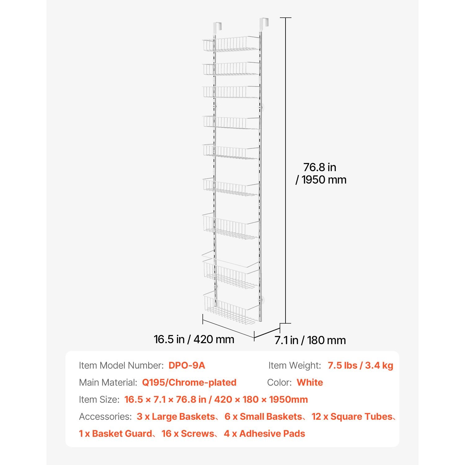 Over the Door Pantry Organizer, 9-Tier Pantry Organization and Storage, Heavy-Duty Steel Hanging Spice Rack, Adjustable Wall Seasoning Shelves, for Home Kitchen Laundry Room Bathroom, White