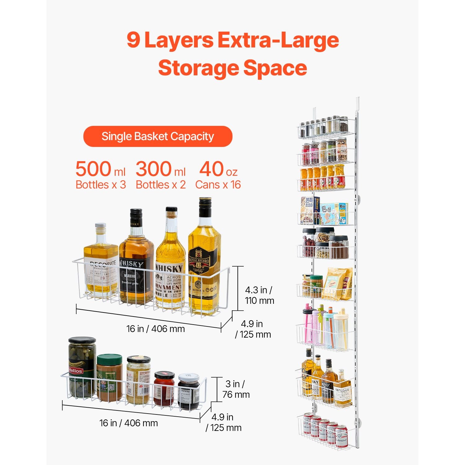 Over the Door Pantry Organizer, 9-Tier Pantry Organization and Storage, Heavy-Duty Steel Hanging Spice Rack, Adjustable Wall Seasoning Shelves, for Home Kitchen Laundry Room Bathroom, White