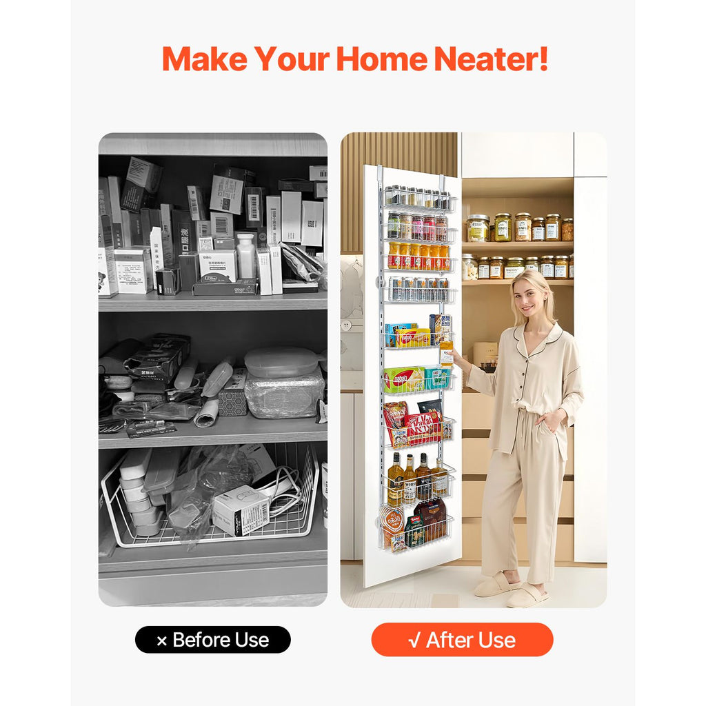 Over the Door Pantry Organizer, 9-Tier Pantry Organization and Storage, Heavy-Duty Steel Hanging Spice Rack, Adjustable Wall Seasoning Shelves, for Home Kitchen Laundry Room Bathroom, White