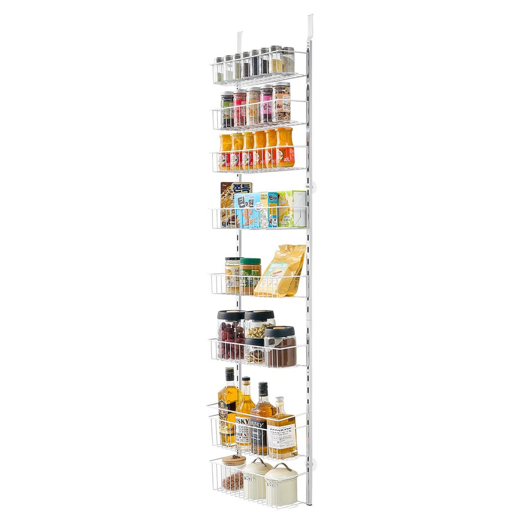 Over the Door Pantry Organizer, 8-Tier Pantry Organization and Storage, Heavy-Duty Steel Hanging Spice Rack, Adjustable Wall Seasoning Shelves, for Home Kitchen Laundry Room Bathroom, White