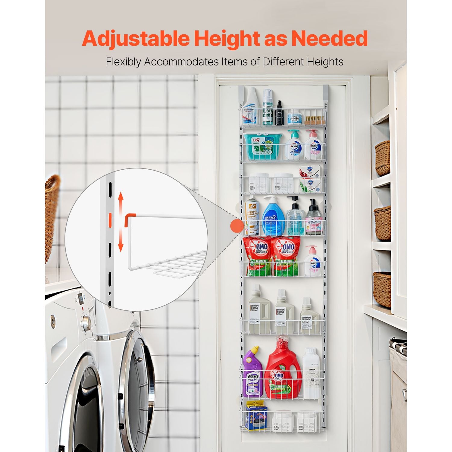 Over the Door Pantry Organizer, 8-Tier Pantry Organization and Storage, Heavy-Duty Steel Hanging Spice Rack, Adjustable Wall Seasoning Shelves, for Home Kitchen Laundry Room Bathroom, White