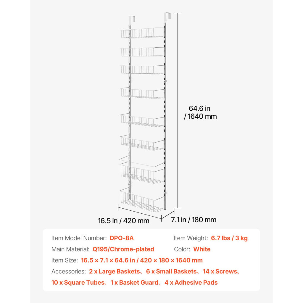 Over the Door Pantry Organizer, 8-Tier Pantry Organization and Storage, Heavy-Duty Steel Hanging Spice Rack, Adjustable Wall Seasoning Shelves, for Home Kitchen Laundry Room Bathroom, White