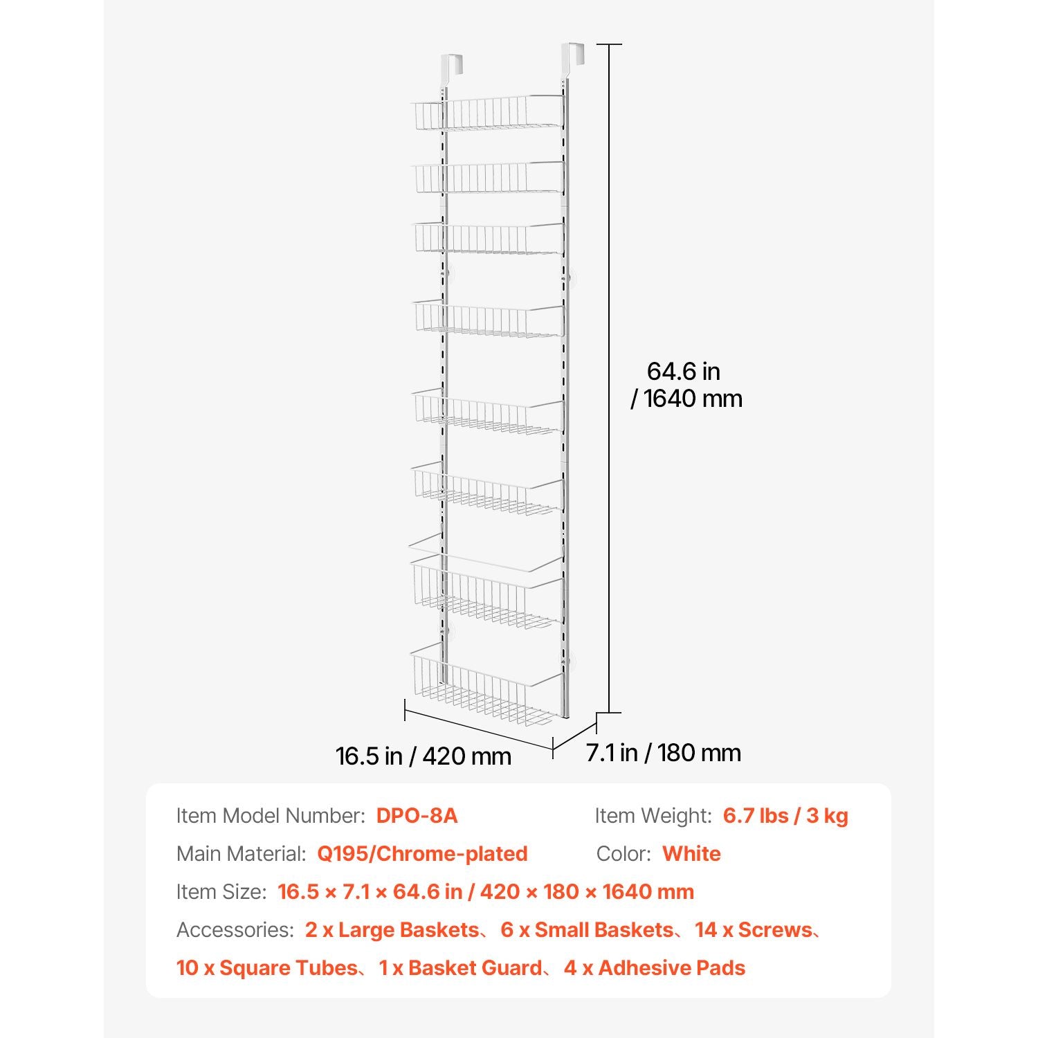Over the Door Pantry Organizer, 8-Tier Pantry Organization and Storage, Heavy-Duty Steel Hanging Spice Rack, Adjustable Wall Seasoning Shelves, for Home Kitchen Laundry Room Bathroom, White