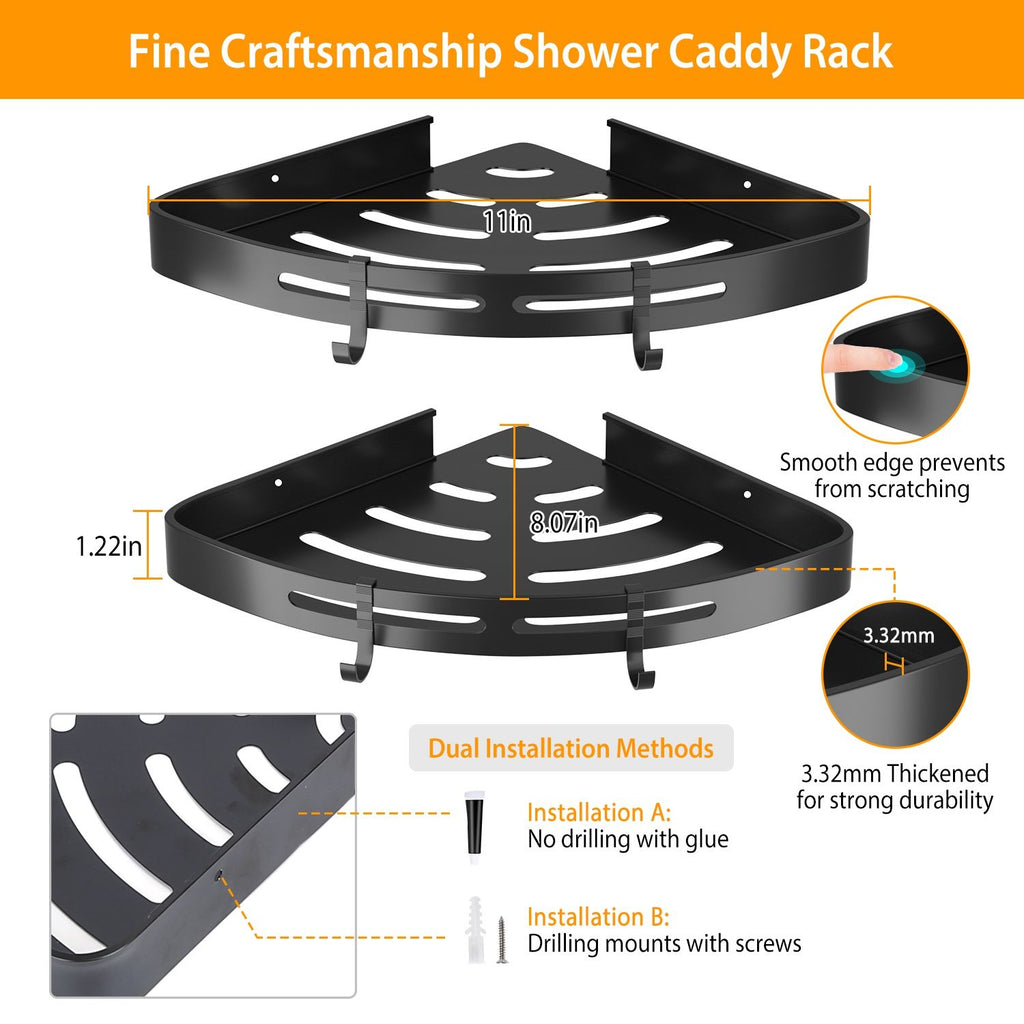 Bath Corner Shower Shelves Adhesive Caddy, Wall Mounted, No Drilling Racks Shower Organizer Basket, Aluminum Storage for Bathroom Kitchen