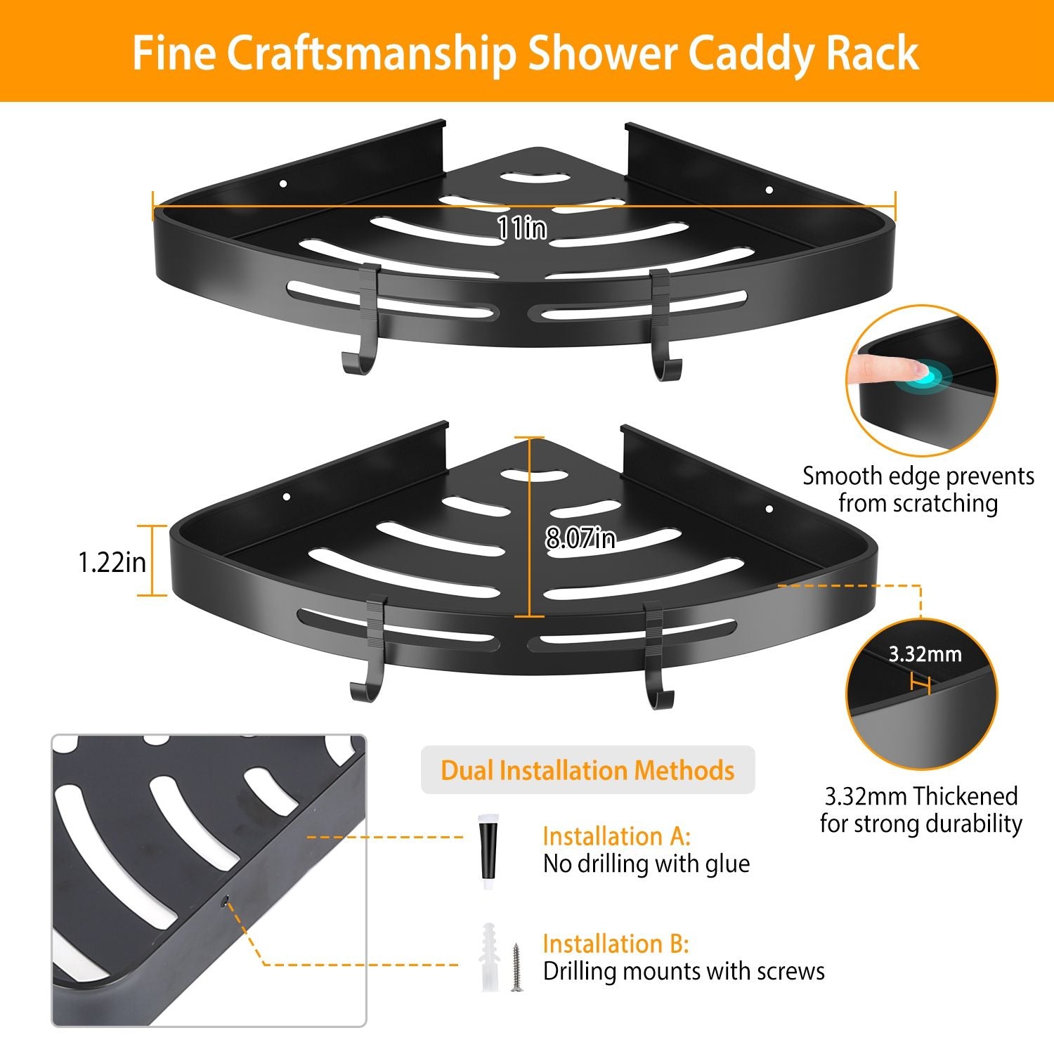 Bath Corner Shower Shelves Adhesive Caddy, Wall Mounted, No Drilling Racks Shower Organizer Basket, Aluminum Storage for Bathroom Kitchen