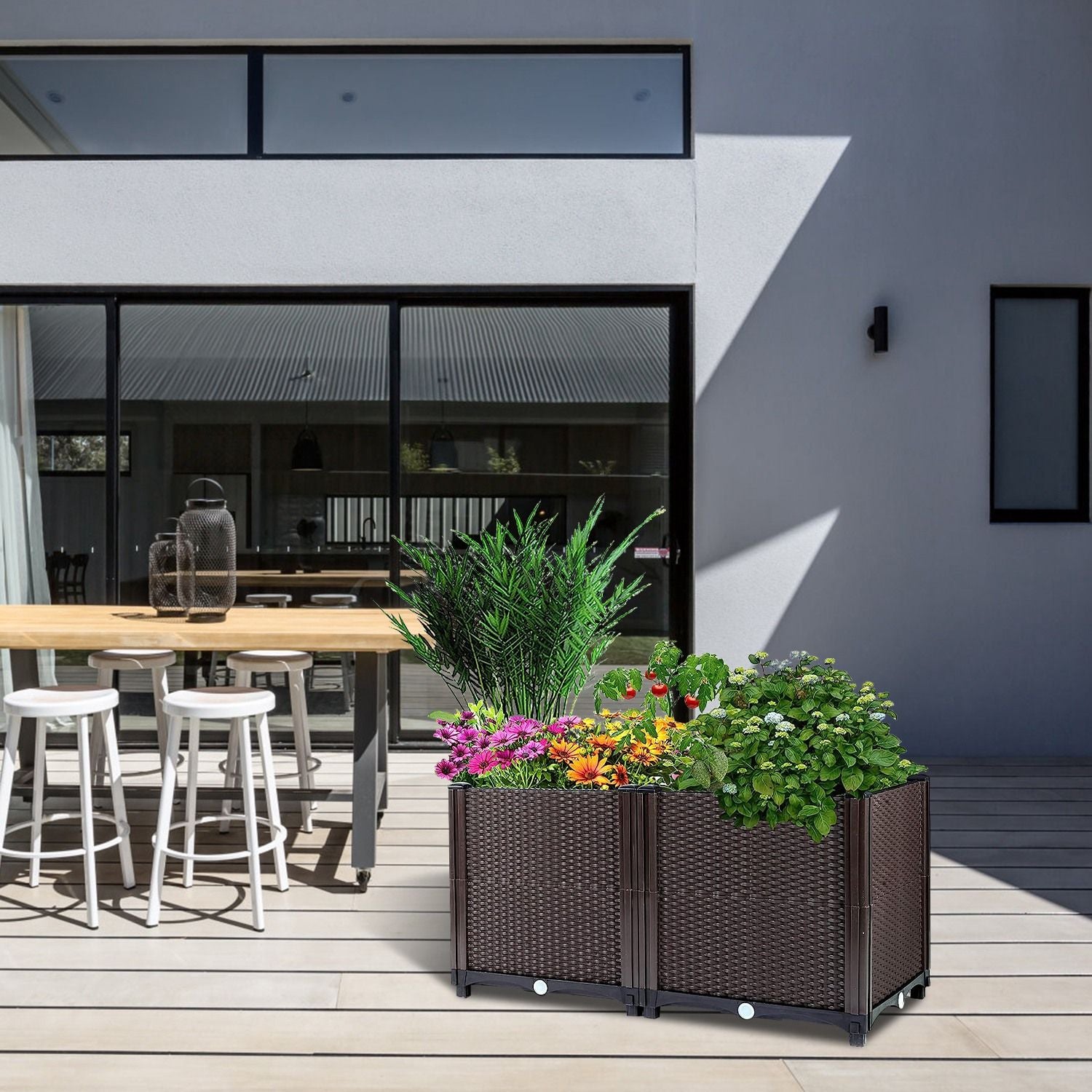 Raised Garden Bed with Self-watering System Rectangle Garden Planter for Garden Patio Balcony Elevated Planter Box for Flowers Vegetables Herbs