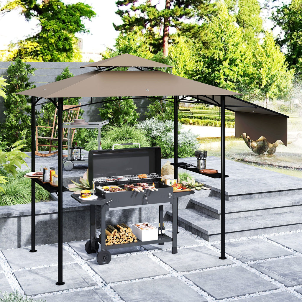 8' x 5' Outdoor Grill Gazebo, Barbecue Gazebo Shelter with Side Awning, 2 Side Shelves and 6 Hooks, Brown
