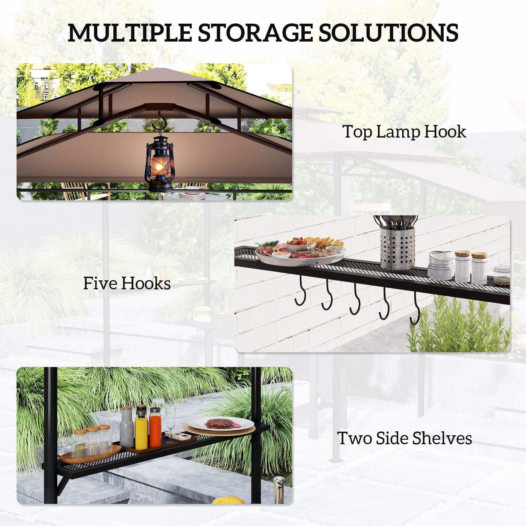 8' x 5' Outdoor Grill Gazebo, Barbecue Gazebo Shelter with Side Awning, 2 Side Shelves and 6 Hooks, Brown