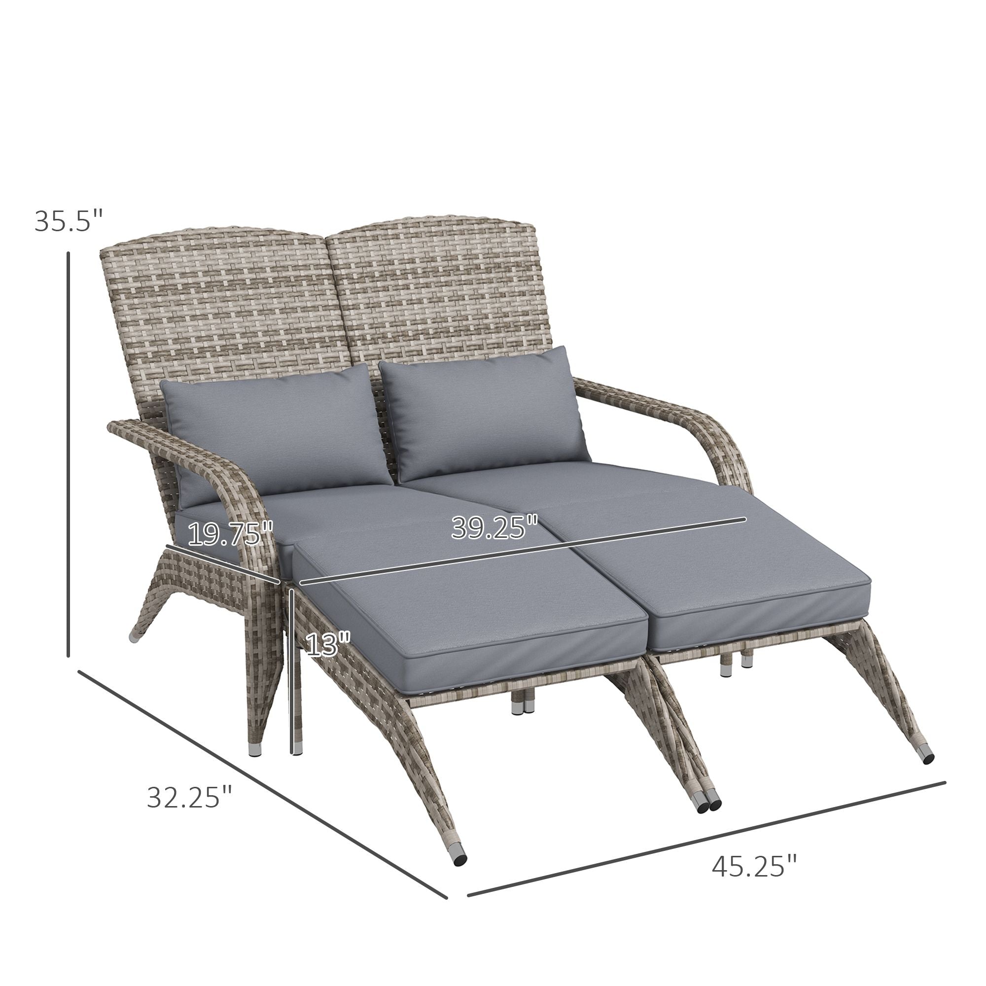 Wicker Adirondack Chair for 2 with Cushions & Footrests, PE Rattan Double Chaise Lounge Chair, Fire Pit Chair for Porch with High-back, Wide Armrests, Gray