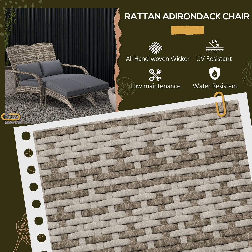 Wicker Adirondack Chair for 2 with Cushions & Footrests, PE Rattan Double Chaise Lounge Chair, Fire Pit Chair for Porch with High-back, Wide Armrests, Gray
