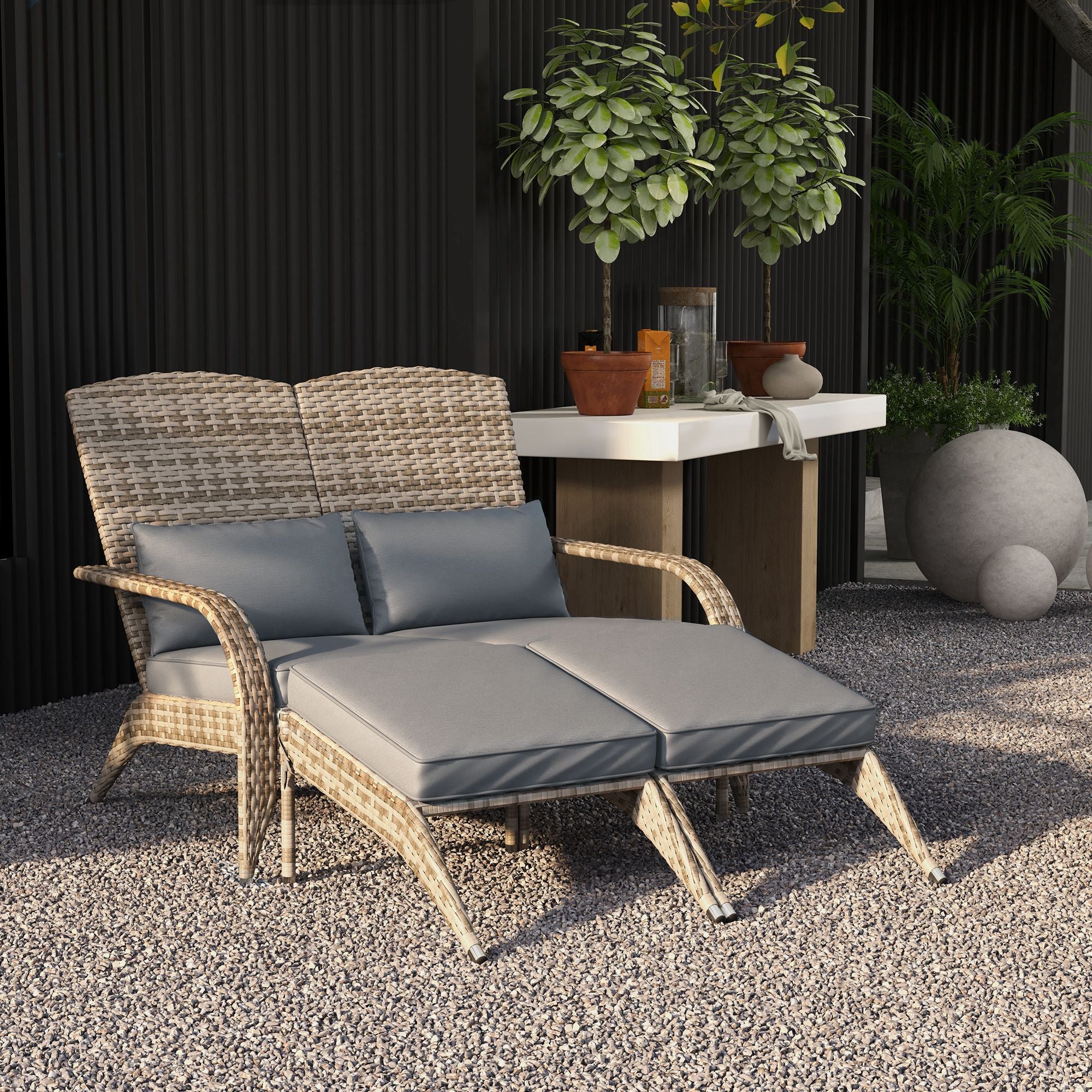 Wicker Adirondack Chair for 2 with Cushions & Footrests, PE Rattan Double Chaise Lounge Chair, Fire Pit Chair for Porch with High-back, Wide Armrests, Gray