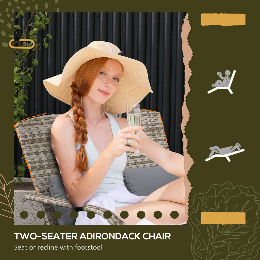 Wicker Adirondack Chair for 2 with Cushions & Footrests, PE Rattan Double Chaise Lounge Chair, Fire Pit Chair for Porch with High-back, Wide Armrests, Gray