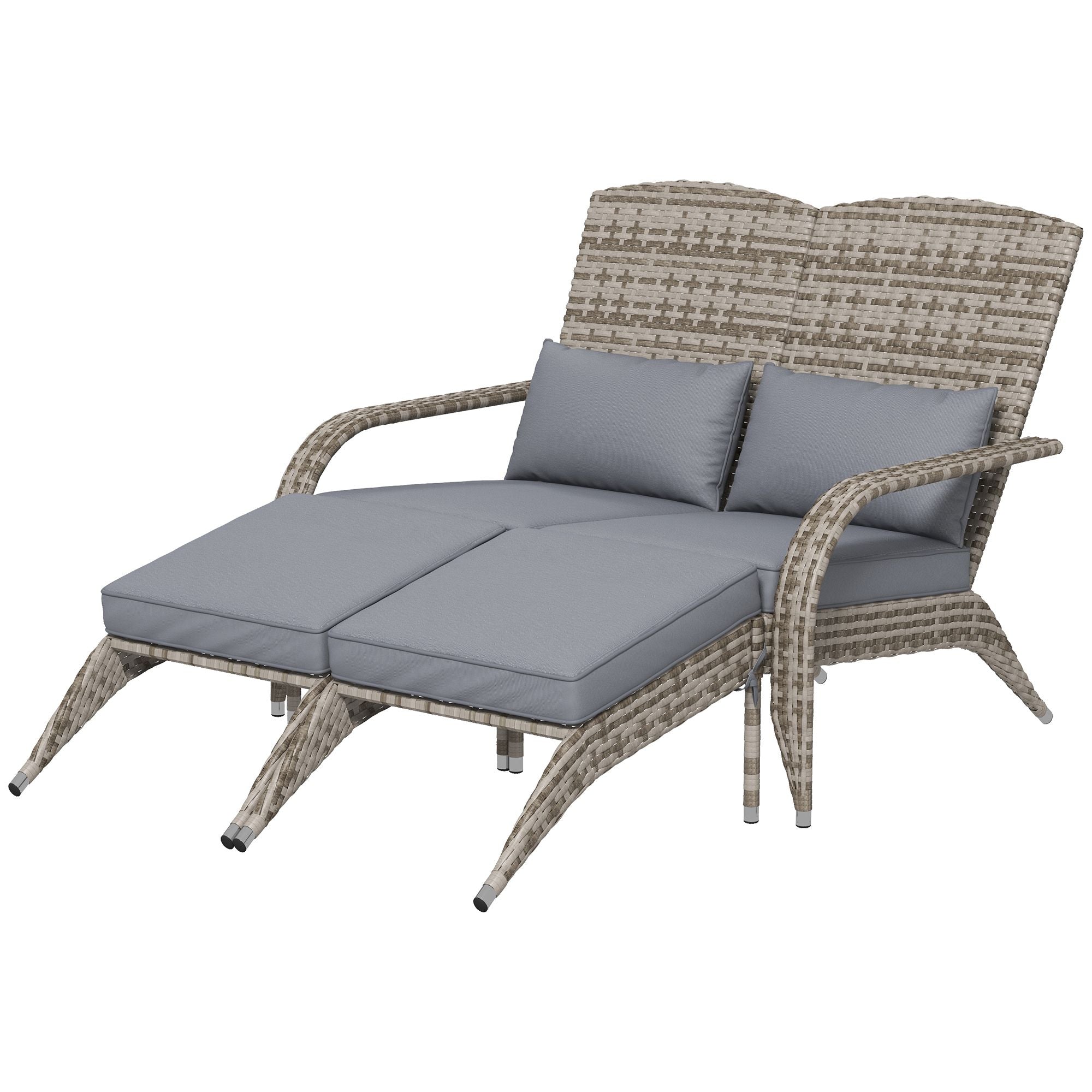 Wicker Adirondack Chair for 2 with Cushions & Footrests, PE Rattan Double Chaise Lounge Chair, Fire Pit Chair for Porch with High-back, Wide Armrests, Gray