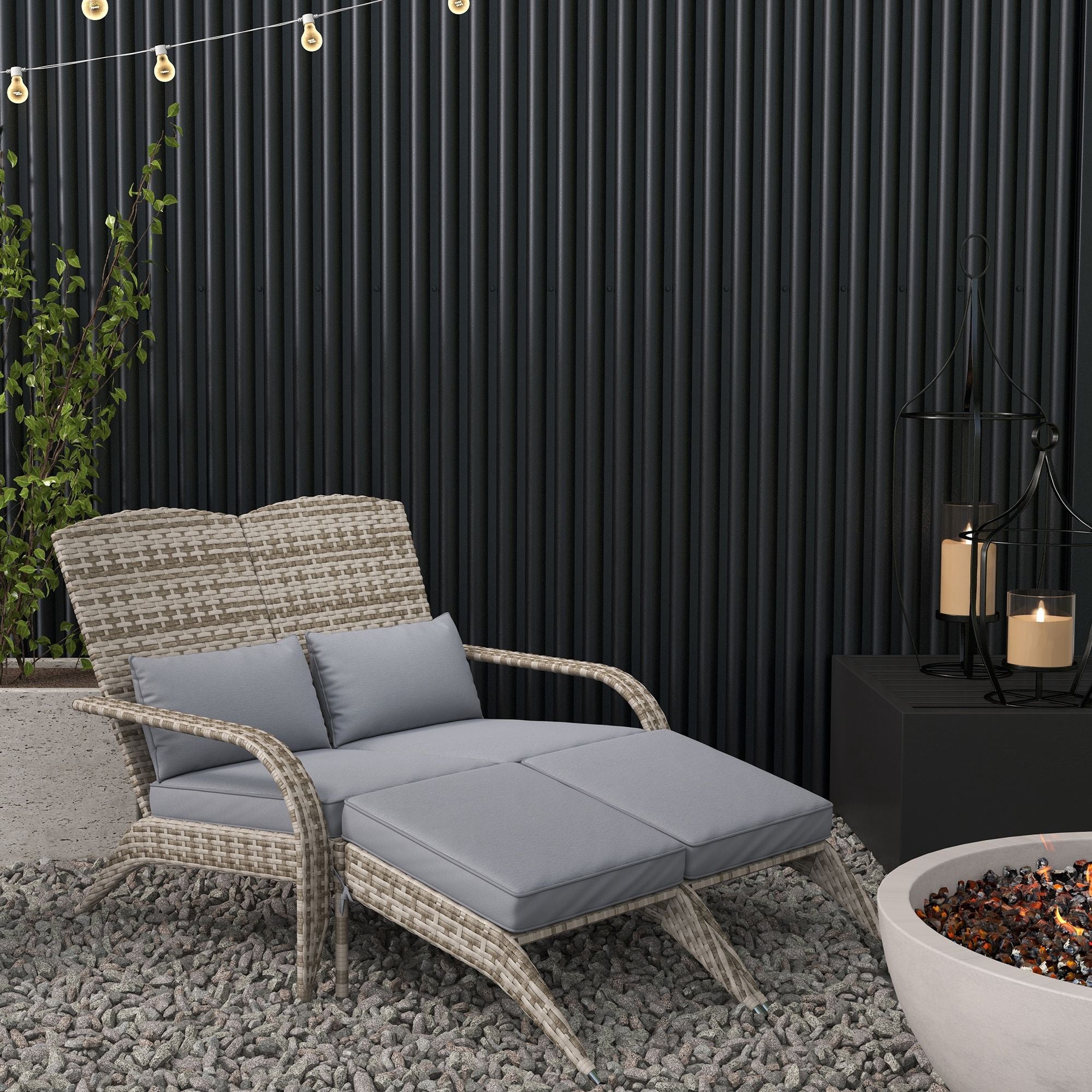Wicker Adirondack Chair for 2 with Cushions & Footrests, PE Rattan Double Chaise Lounge Chair, Fire Pit Chair for Porch with High-back, Wide Armrests, Gray