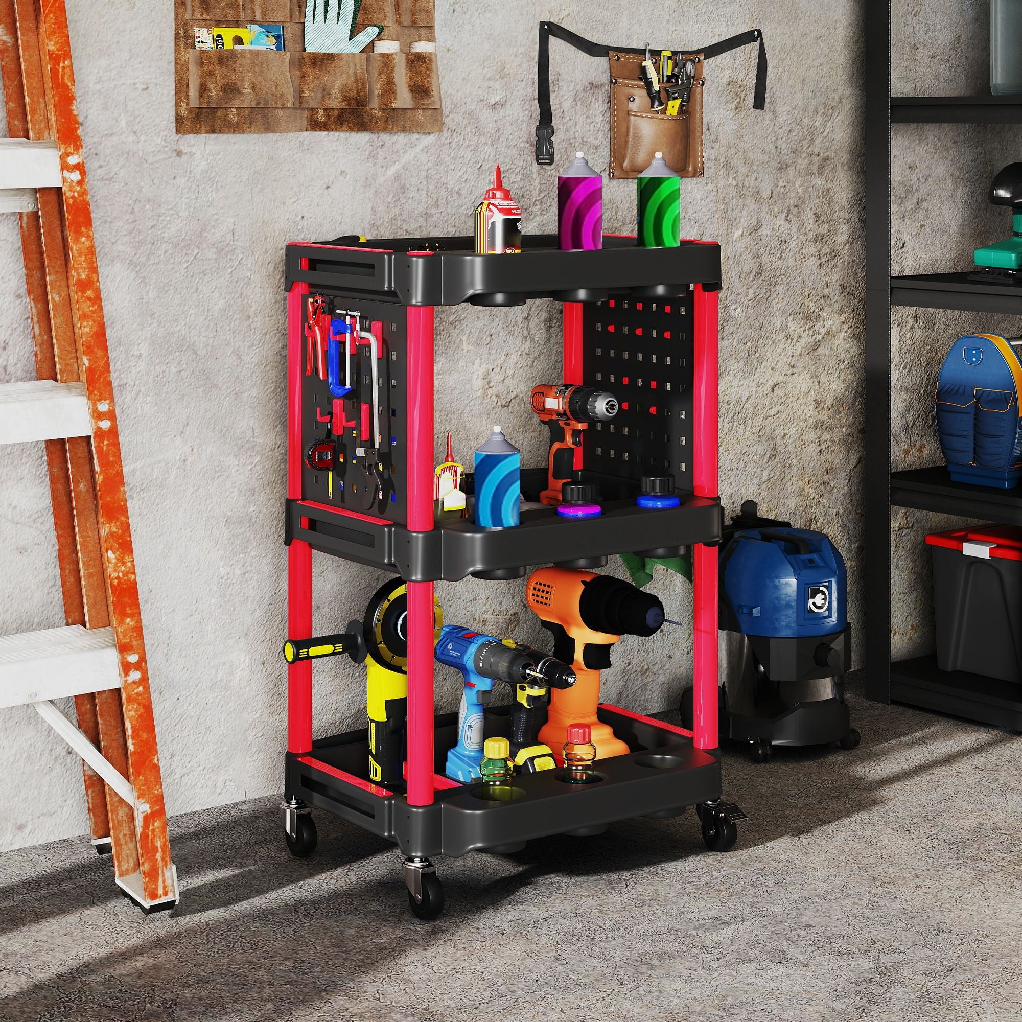 3-Tier Rolling Tool Cart, 200 LBS Capacity Plastic Utility Cart with Side Shelves for Garage, Workshop, Black and Red