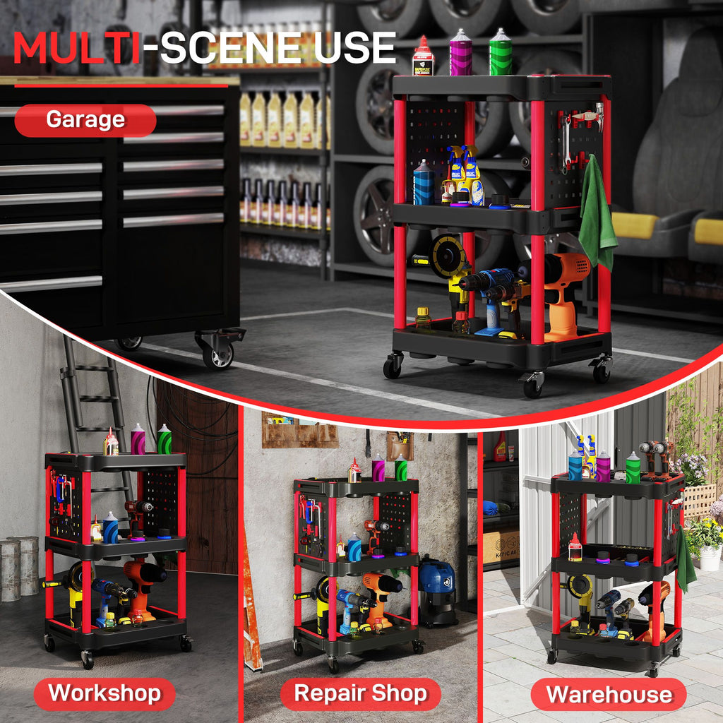 3-Tier Rolling Tool Cart, 200 LBS Capacity Plastic Utility Cart with Side Shelves for Garage, Workshop, Black and Red