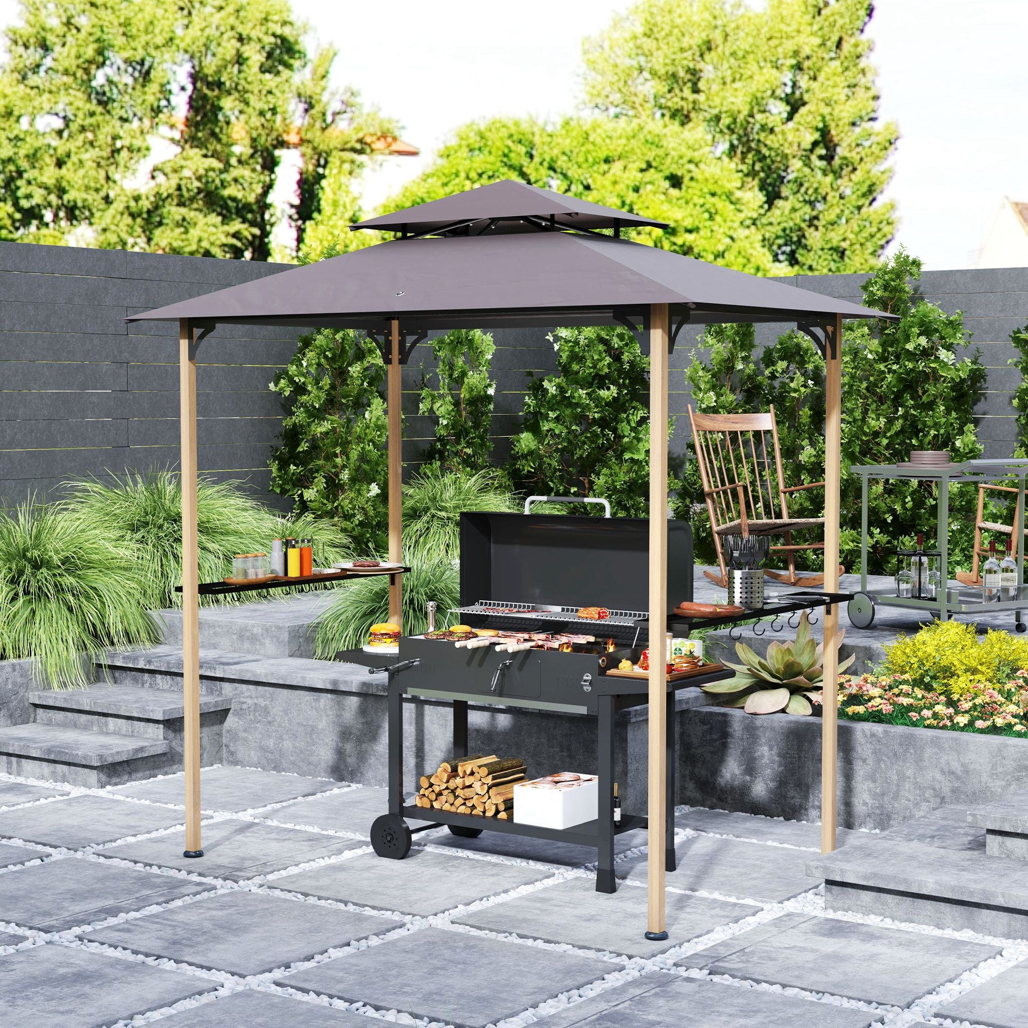 8' x 5' Grill Gazebo, Double Tiered Barbecue Grill Gazebo Shelter with 2 Side Shelves and 10 Hooks for Patio, Garden