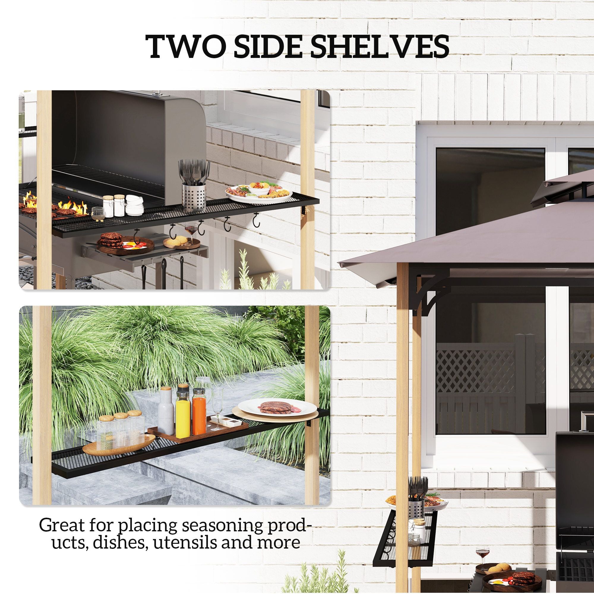 8' x 5' Grill Gazebo, Double Tiered Barbecue Grill Gazebo Shelter with 2 Side Shelves and 10 Hooks for Patio, Garden