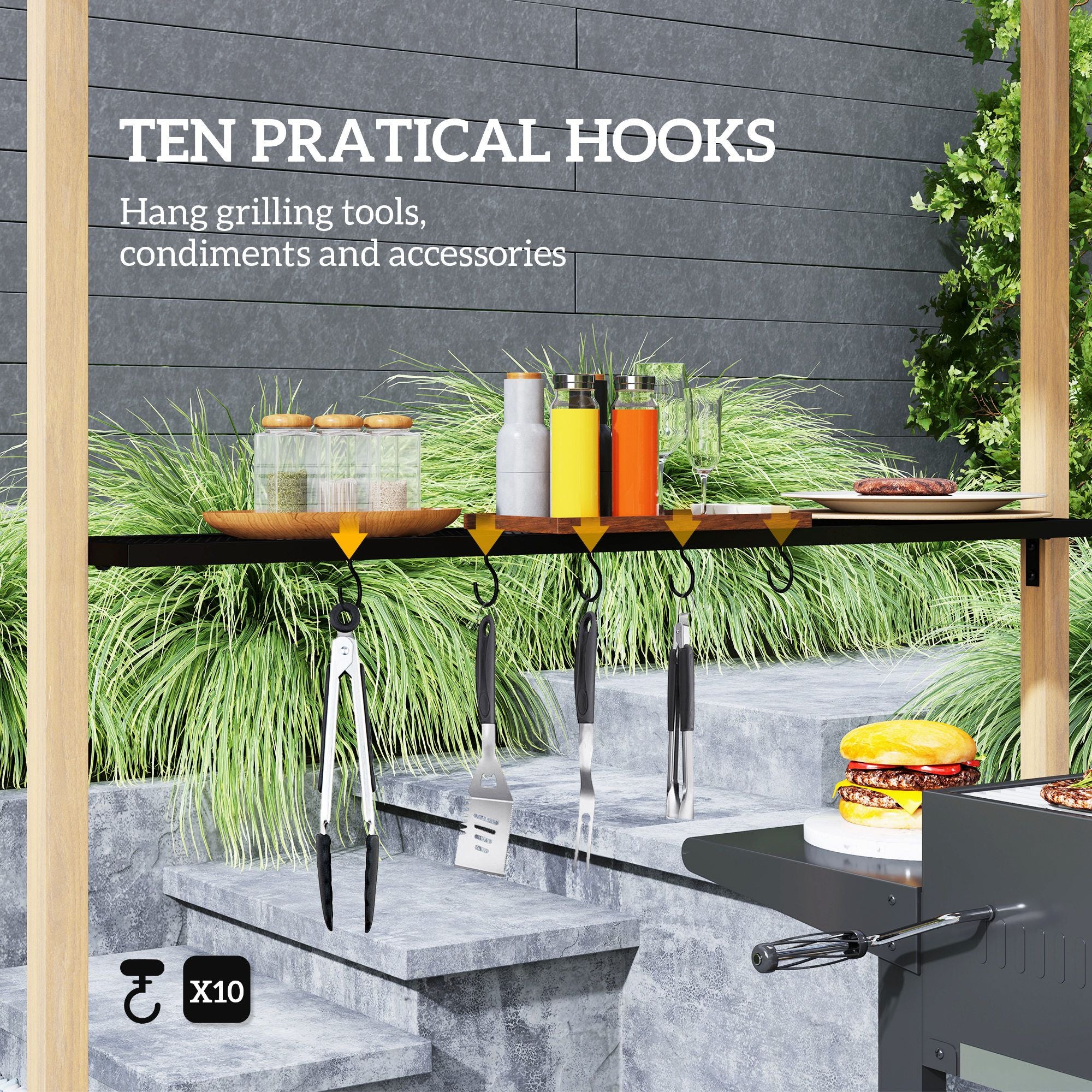 8' x 5' Grill Gazebo, Double Tiered Barbecue Grill Gazebo Shelter with 2 Side Shelves and 10 Hooks for Patio, Garden
