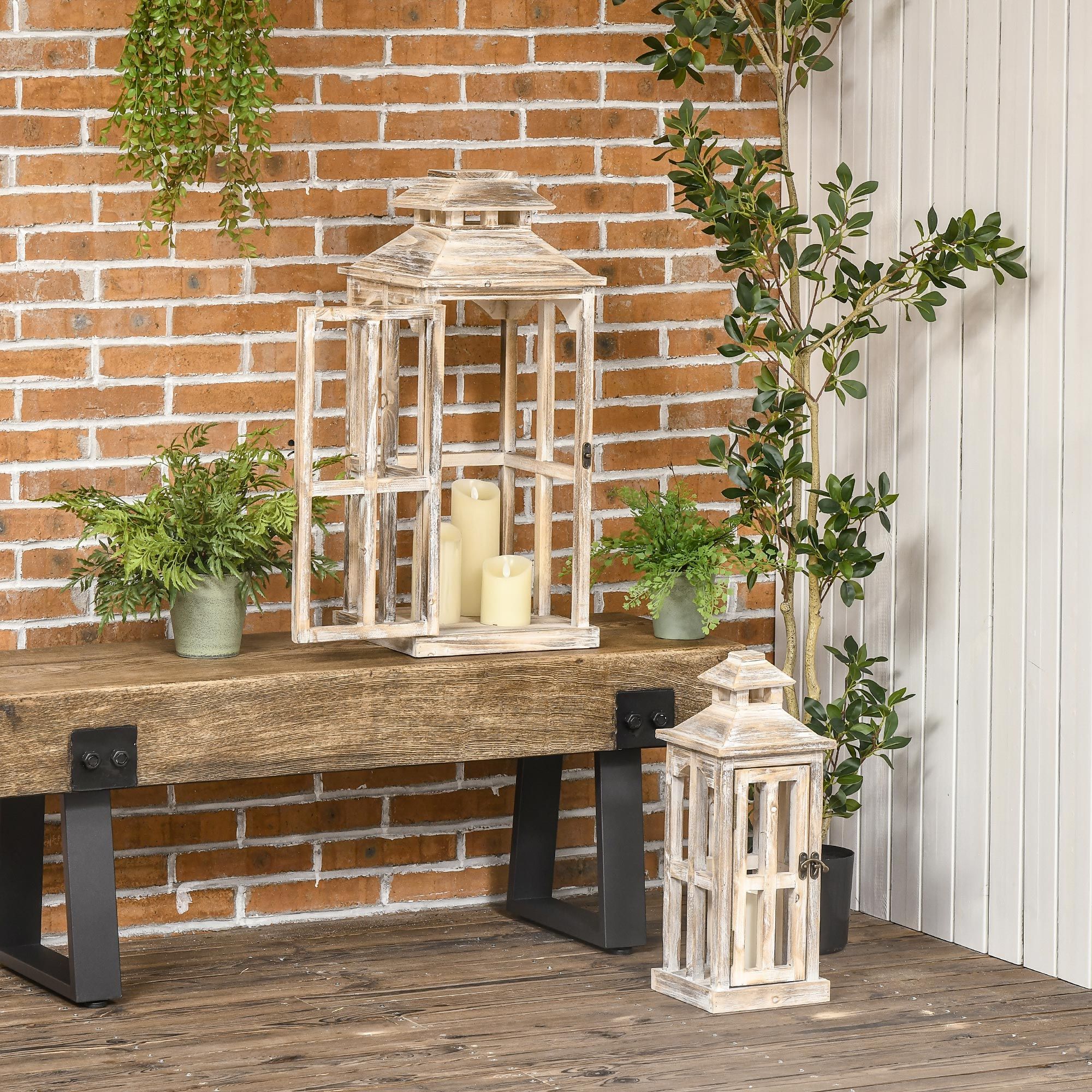 2 Pack 28"/20" Large Rustic Wooden Lantern Decorative, Indoor/Outdoor Lantern for Home Decor (No Glass), Natural