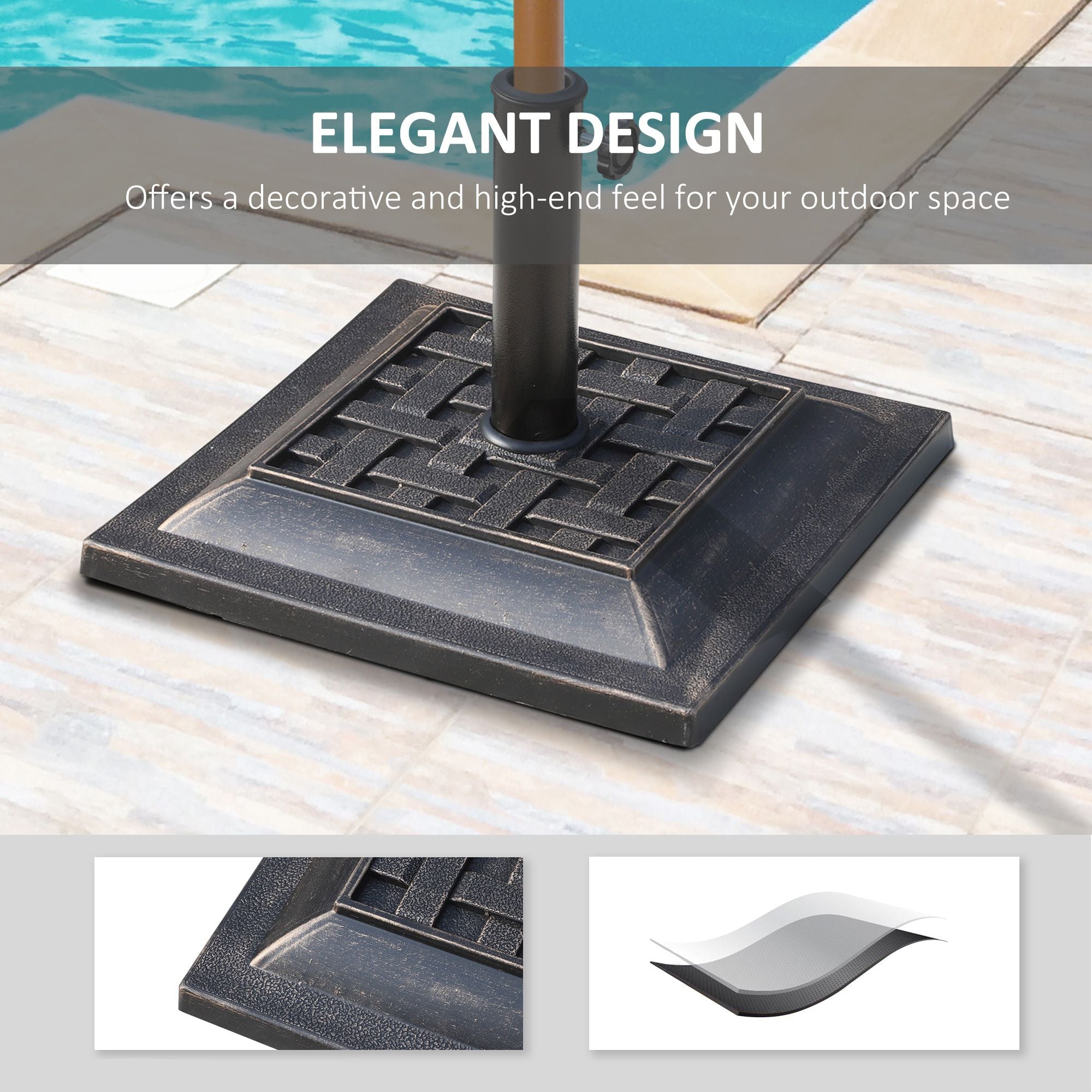 20 lbs Patio Market Umbrella Base Stand Resin Parasol Holder Square with Beautiful Decorative Pattern & Easy Setup, forø1.5",ø1.89" Pole, for Beach, Lawn, Deck, Backyard, Garden, Bronze
