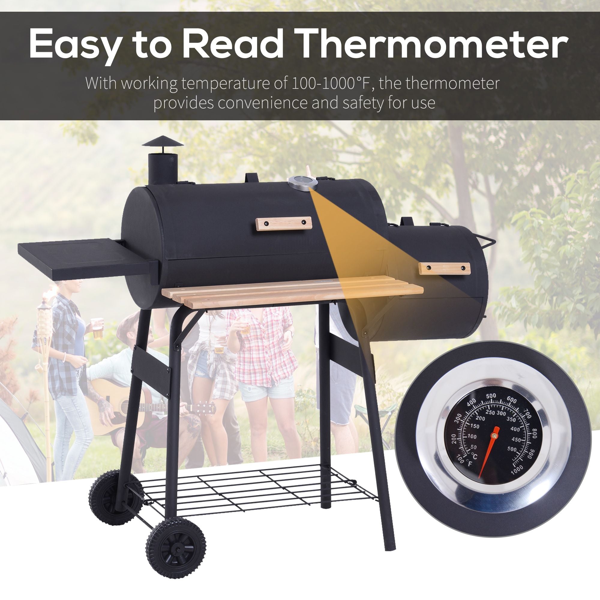 Charcoal BBQ, Portable Grill with Wheels, All-in-One Grill, Side vent, Two Shelves and Metal Grating, Lit-Mounted Thermometer, Wooden Handle, for Outdoor Cooking, Black