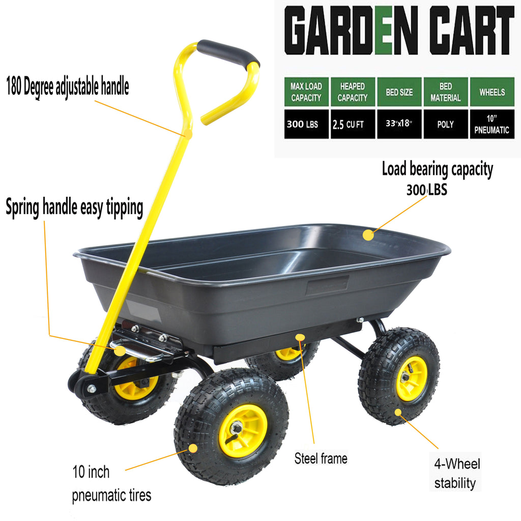Foldable Multi-Functional Garden Dump Wagon Cart with Steel Frame 10 Inch Pneumatic Tires 55L Heavy Duty Utility Cart 300lb Capacity for Yard Lawn Outdoor Use Black