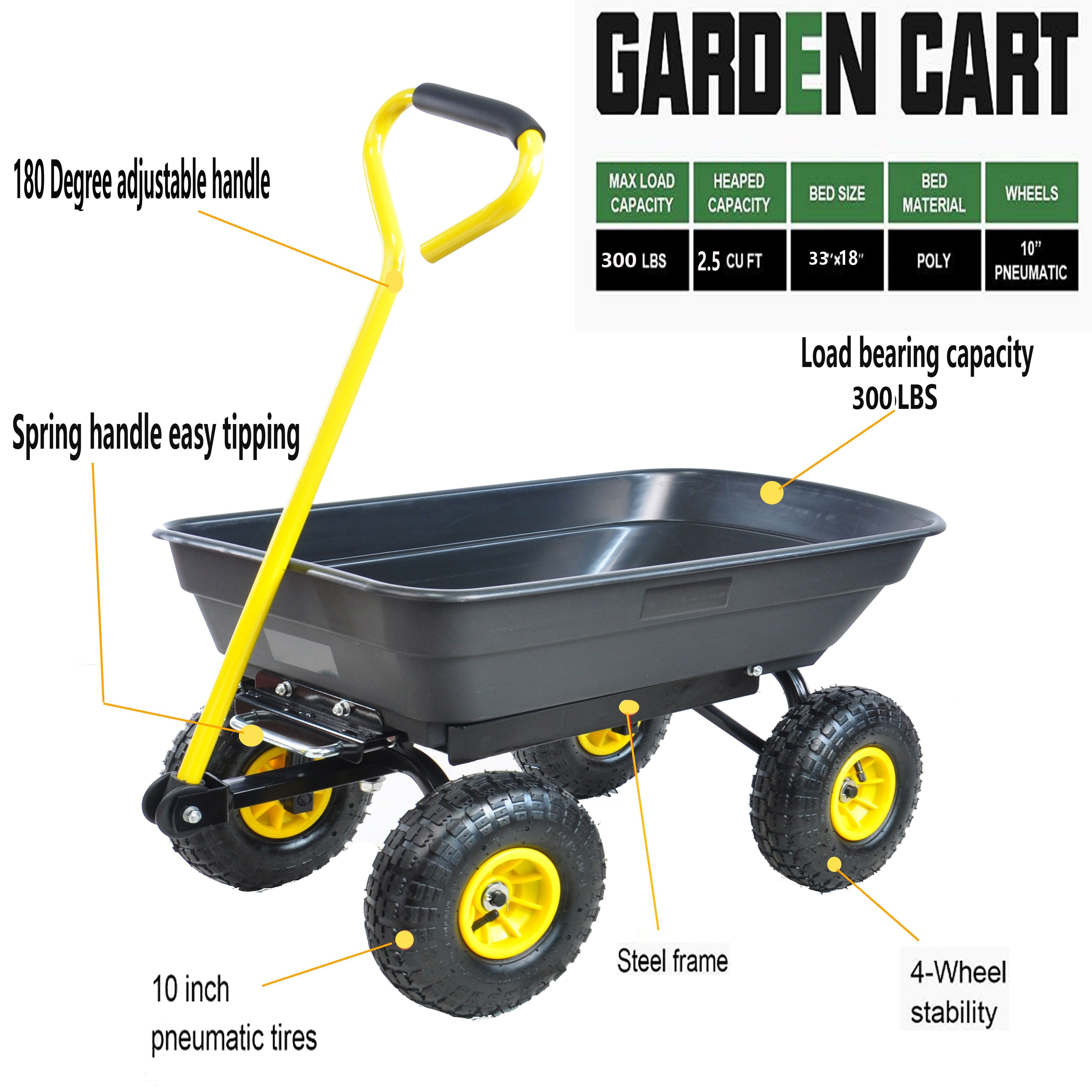Foldable Multi-Functional Garden Dump Wagon Cart with Steel Frame 10 Inch Pneumatic Tires 55L Heavy Duty Utility Cart 300lb Capacity for Yard Lawn Outdoor Use Black