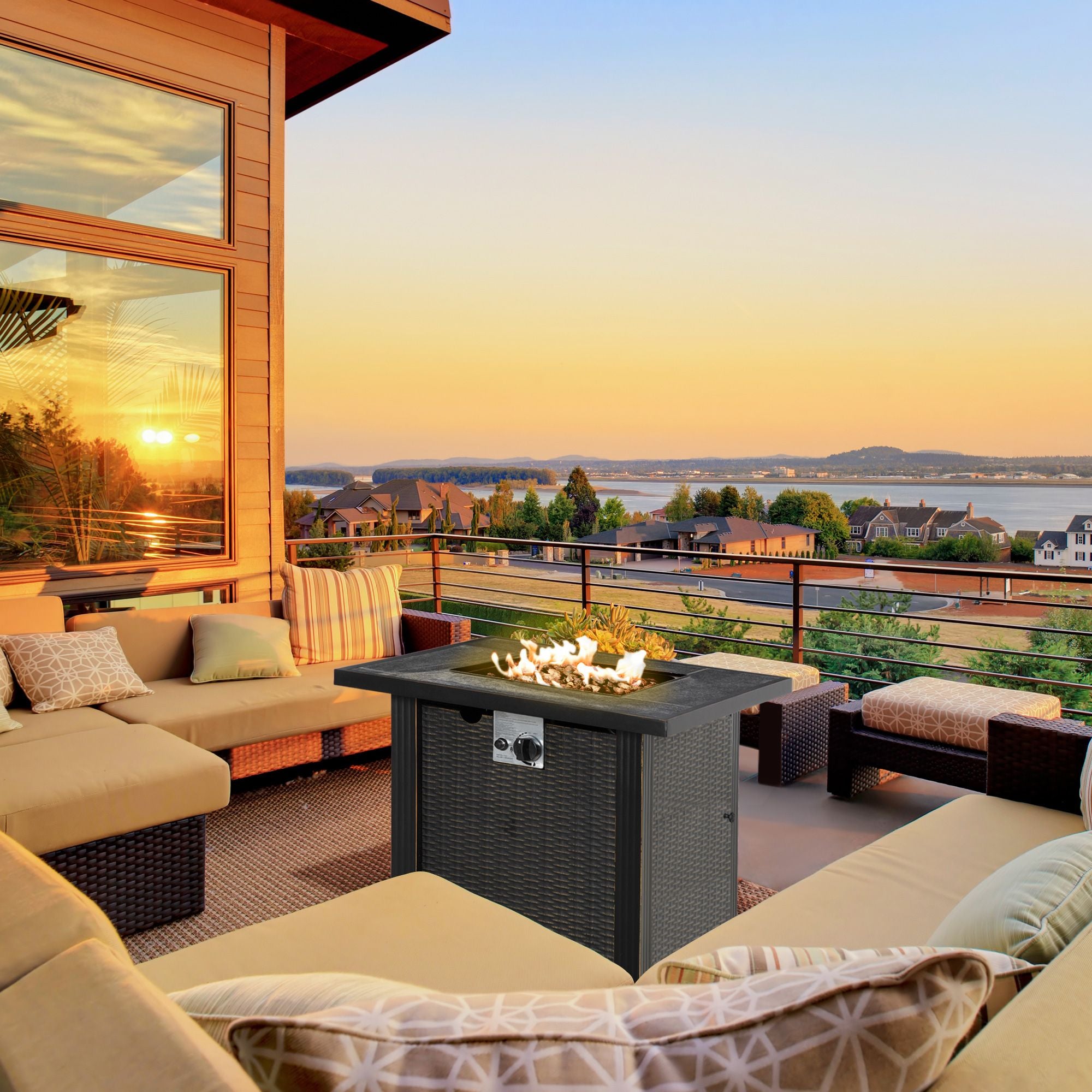 30 Inch Outdoor Propane Gas Fire Pit Table, 50,000 BTU Auto-Ignition Square Wicker-effect Gas Firepit with Ceramic Tabletop, Lid, Lava Rocks & Rain Cover, CSA Certification