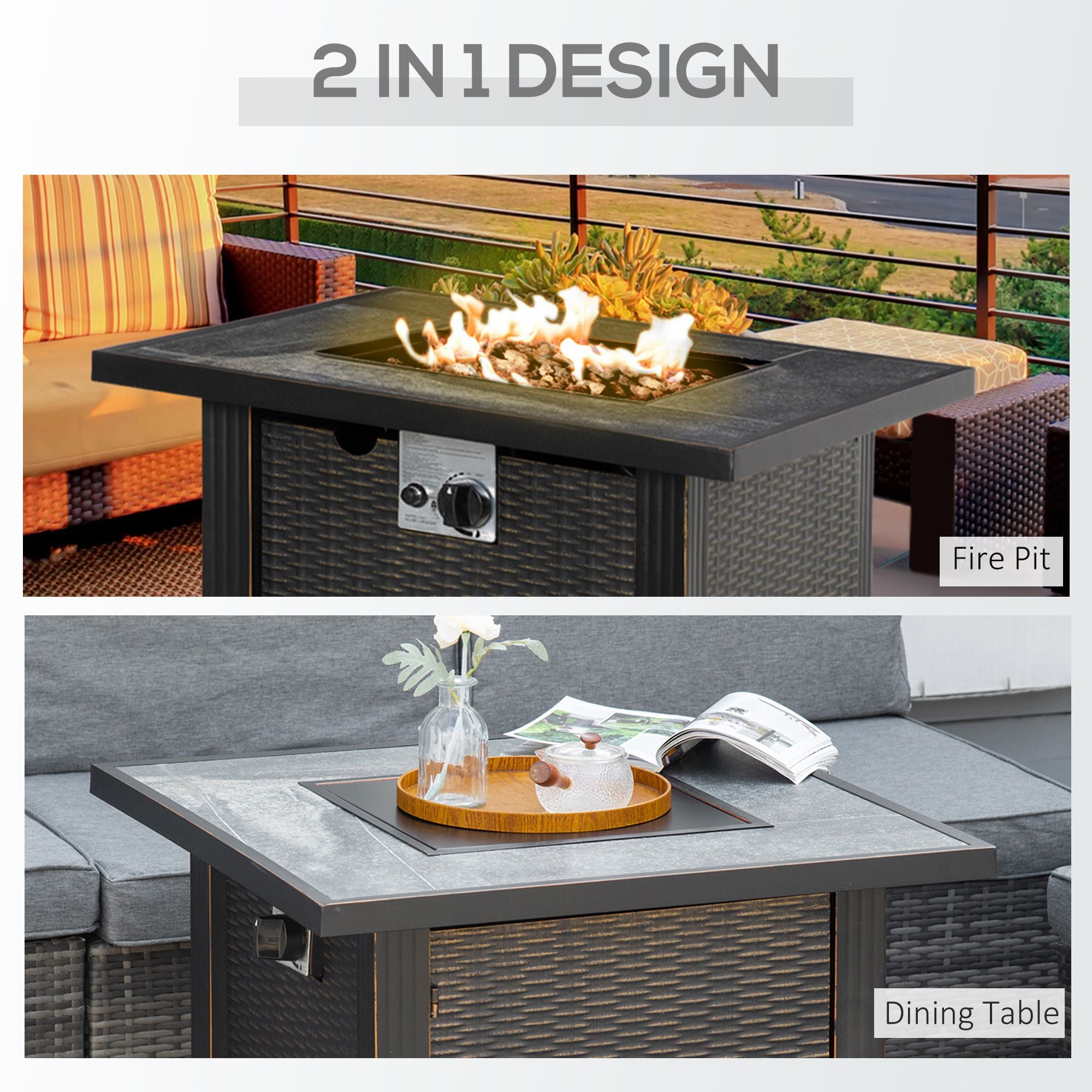 30 Inch Outdoor Propane Gas Fire Pit Table, 50,000 BTU Auto-Ignition Square Wicker-effect Gas Firepit with Ceramic Tabletop, Lid, Lava Rocks & Rain Cover, CSA Certification