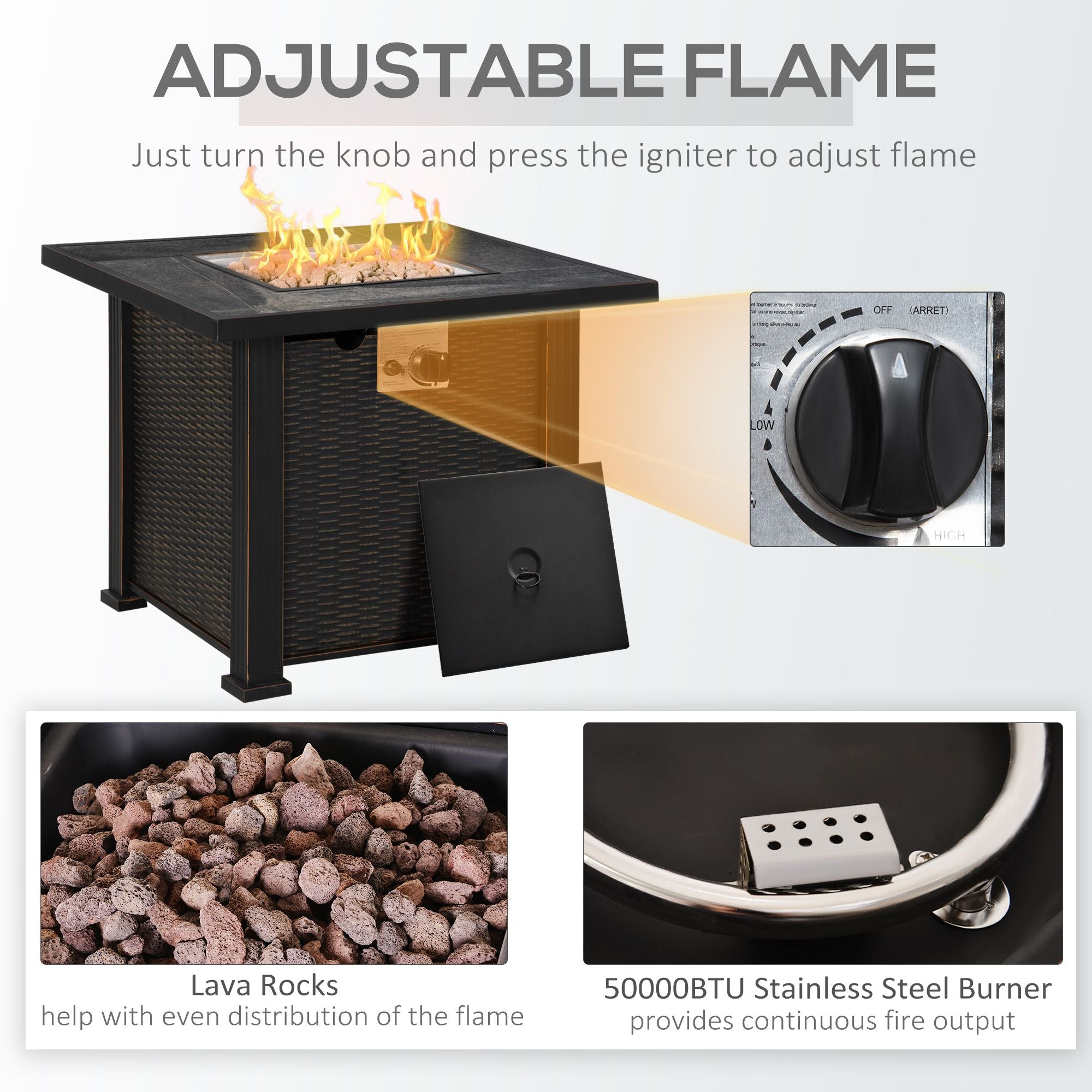 30 Inch Outdoor Propane Gas Fire Pit Table, 50,000 BTU Auto-Ignition Square Wicker-effect Gas Firepit with Ceramic Tabletop, Lid, Lava Rocks & Rain Cover, CSA Certification