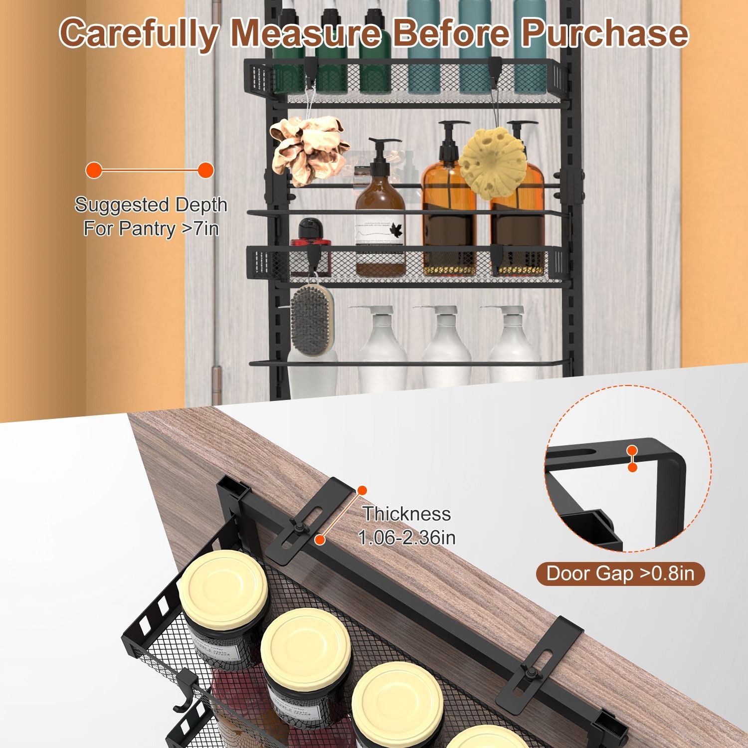Over The Door Pantry Organizer 6-Tier Pantry Door Organizer Carbon Steel 110LBS Loading Easy Install Behind Door Storage For Closet Kitchen Bathroom 50.19'H 17.12'W 5.51'D
