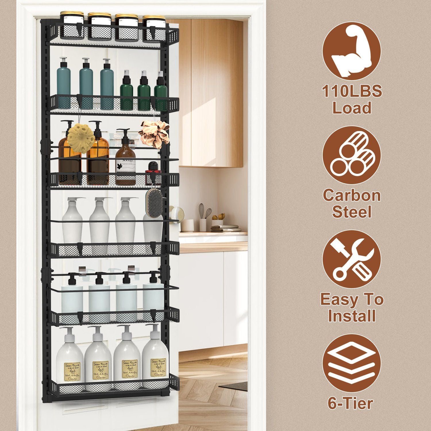 Over The Door Pantry Organizer 6-Tier Pantry Door Organizer Carbon Steel 110LBS Loading Easy Install Behind Door Storage For Closet Kitchen Bathroom 50.19'H 17.12'W 5.51'D