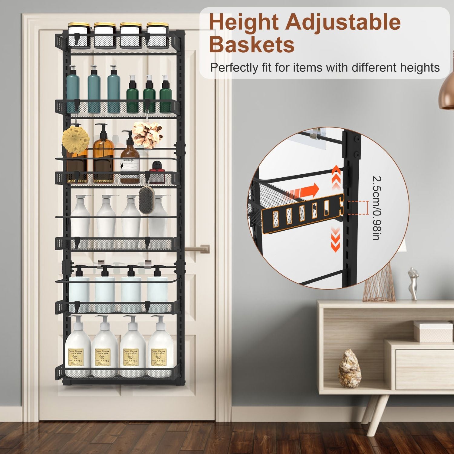 Over The Door Pantry Organizer 6-Tier Pantry Door Organizer Carbon Steel 110LBS Loading Easy Install Behind Door Storage For Closet Kitchen Bathroom 50.19'H 17.12'W 5.51'D