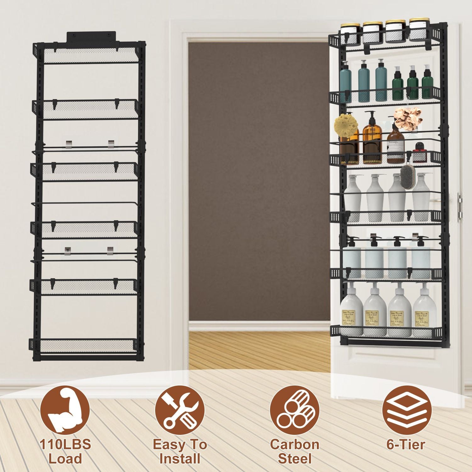 Over The Door Pantry Organizer 6-Tier Pantry Door Organizer Carbon Steel 110LBS Loading Easy Install Behind Door Storage For Closet Kitchen Bathroom 50.19'H 17.12'W 5.51'D