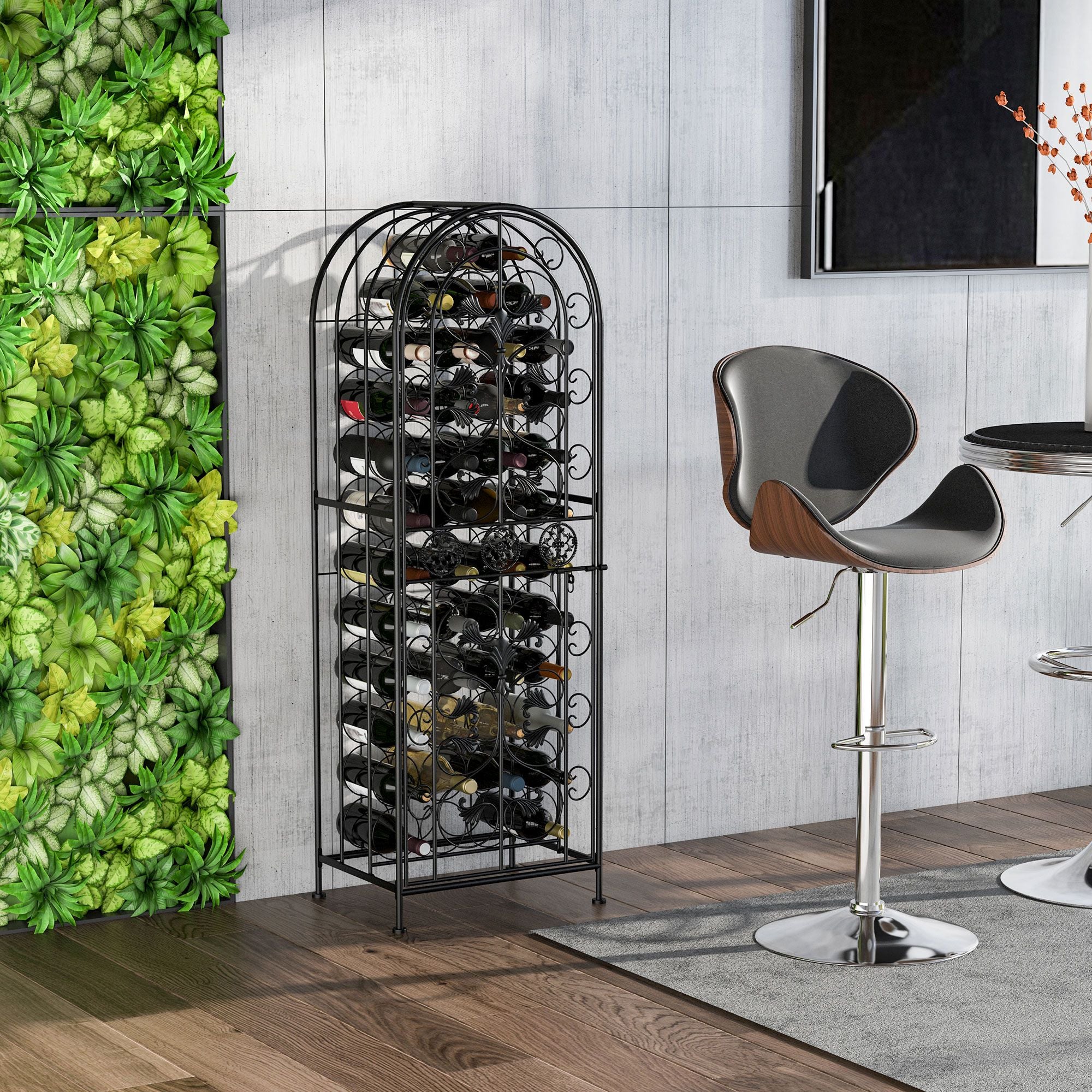 45 Bottle Wrought Iron Wine Rack Jail with Lock - Black