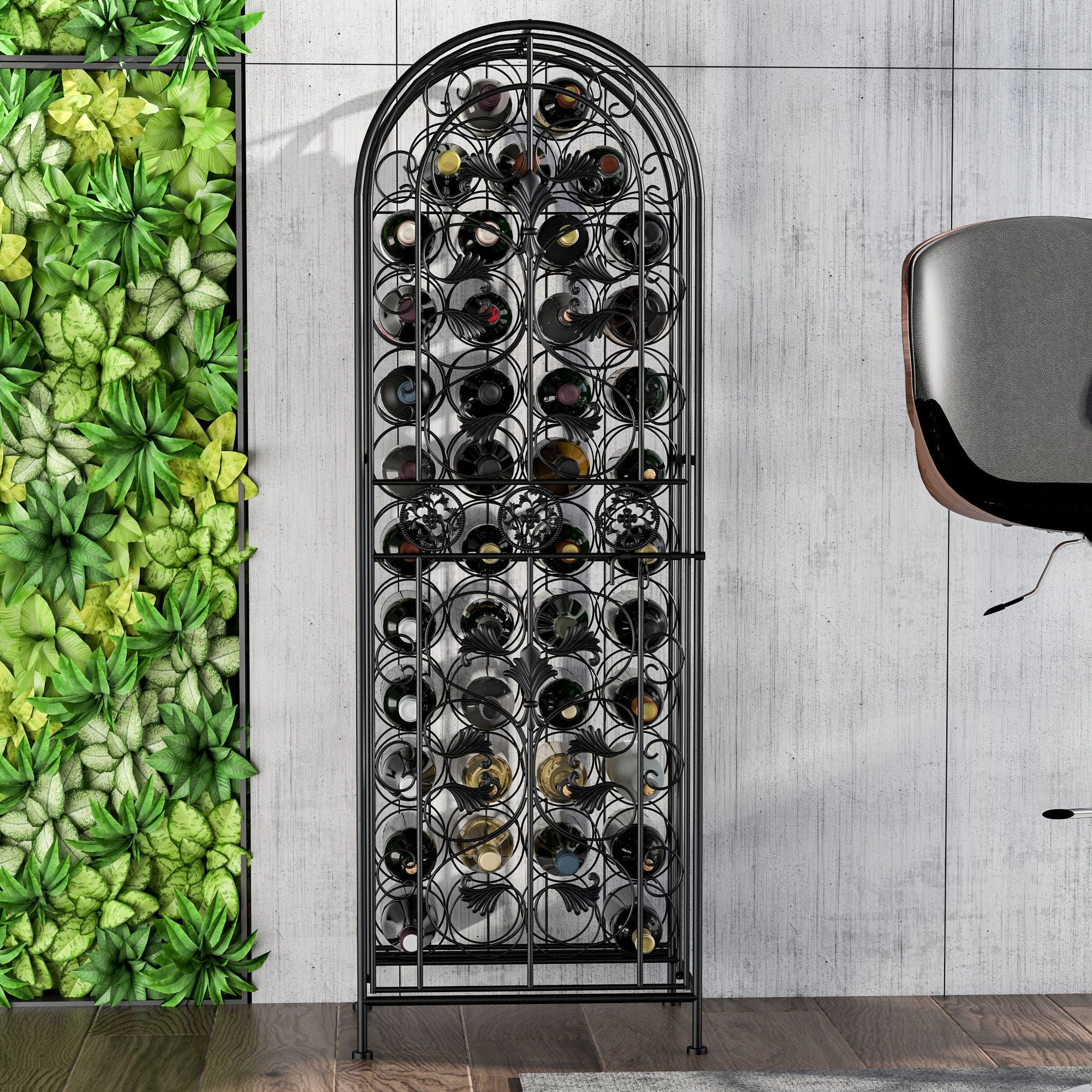 45 Bottle Wrought Iron Wine Rack Jail with Lock - Black