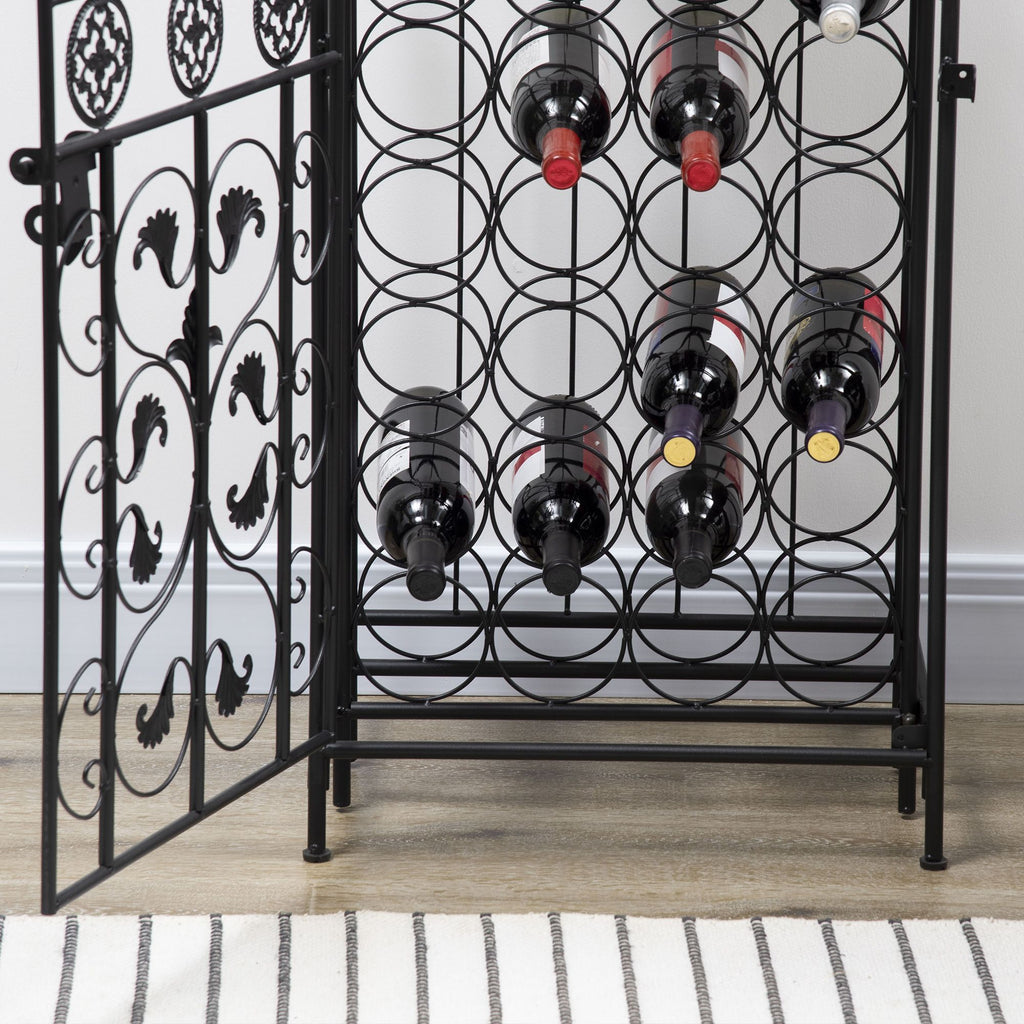 45 Bottle Wrought Iron Wine Rack Jail with Lock - Black