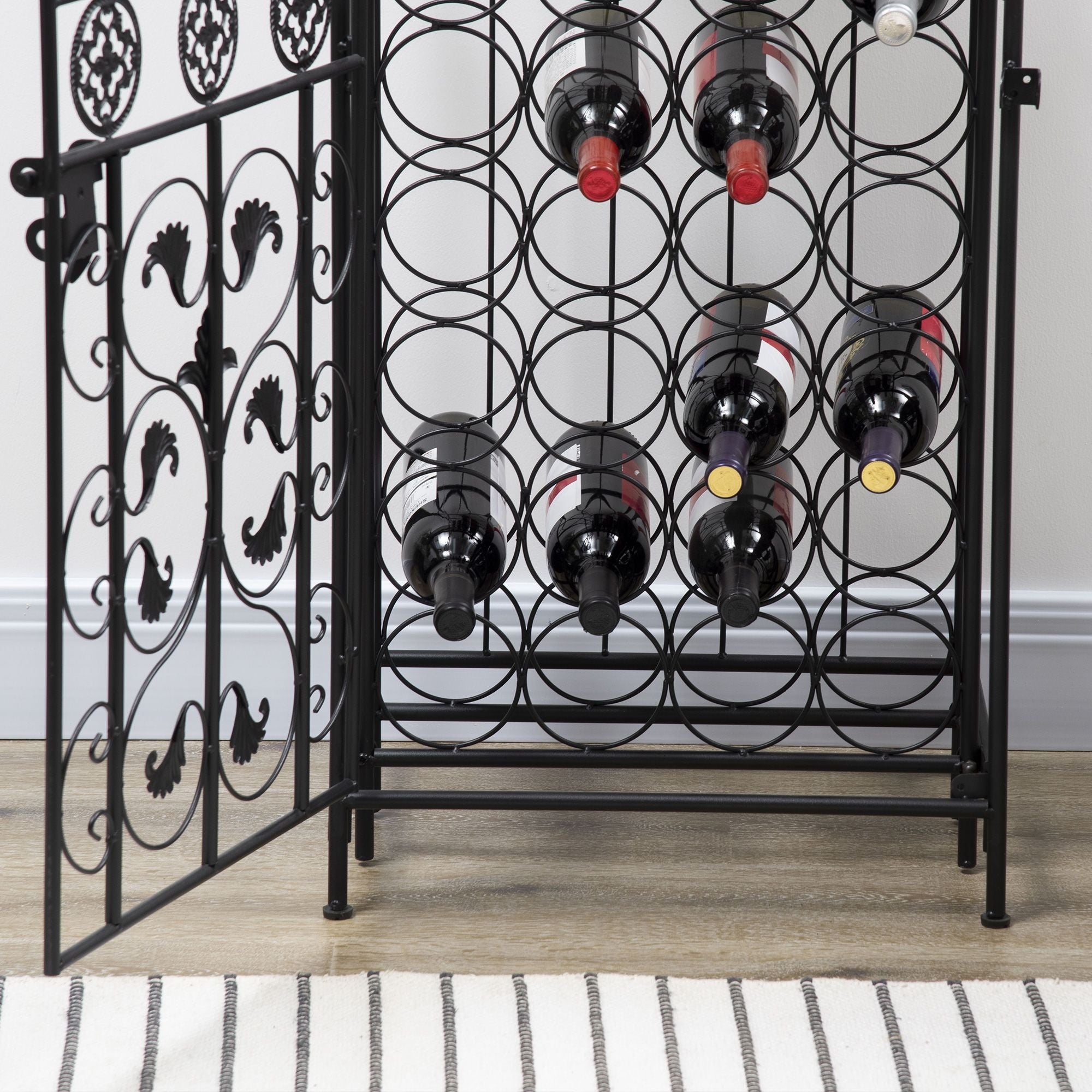 45 Bottle Wrought Iron Wine Rack Jail with Lock - Black