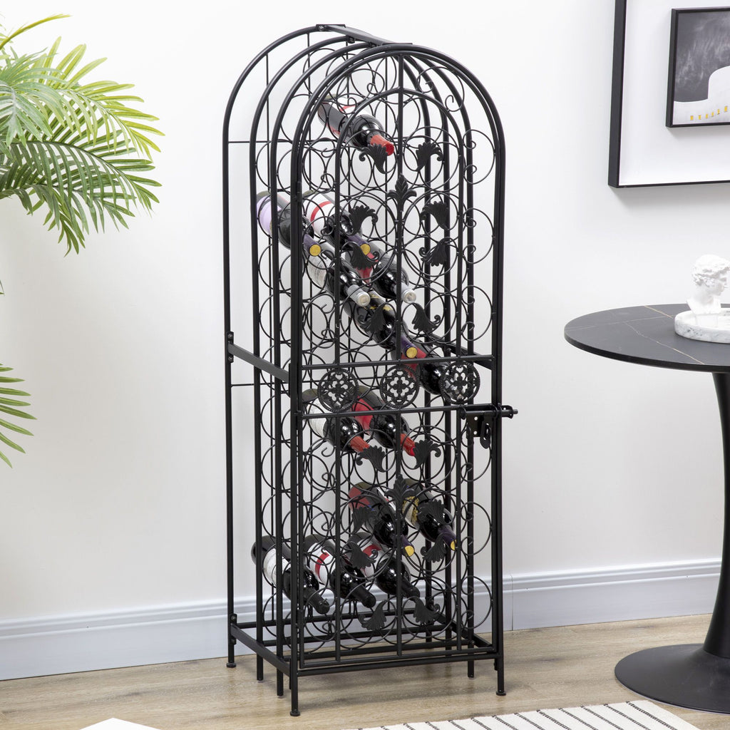 45 Bottle Wrought Iron Wine Rack Jail with Lock - Black