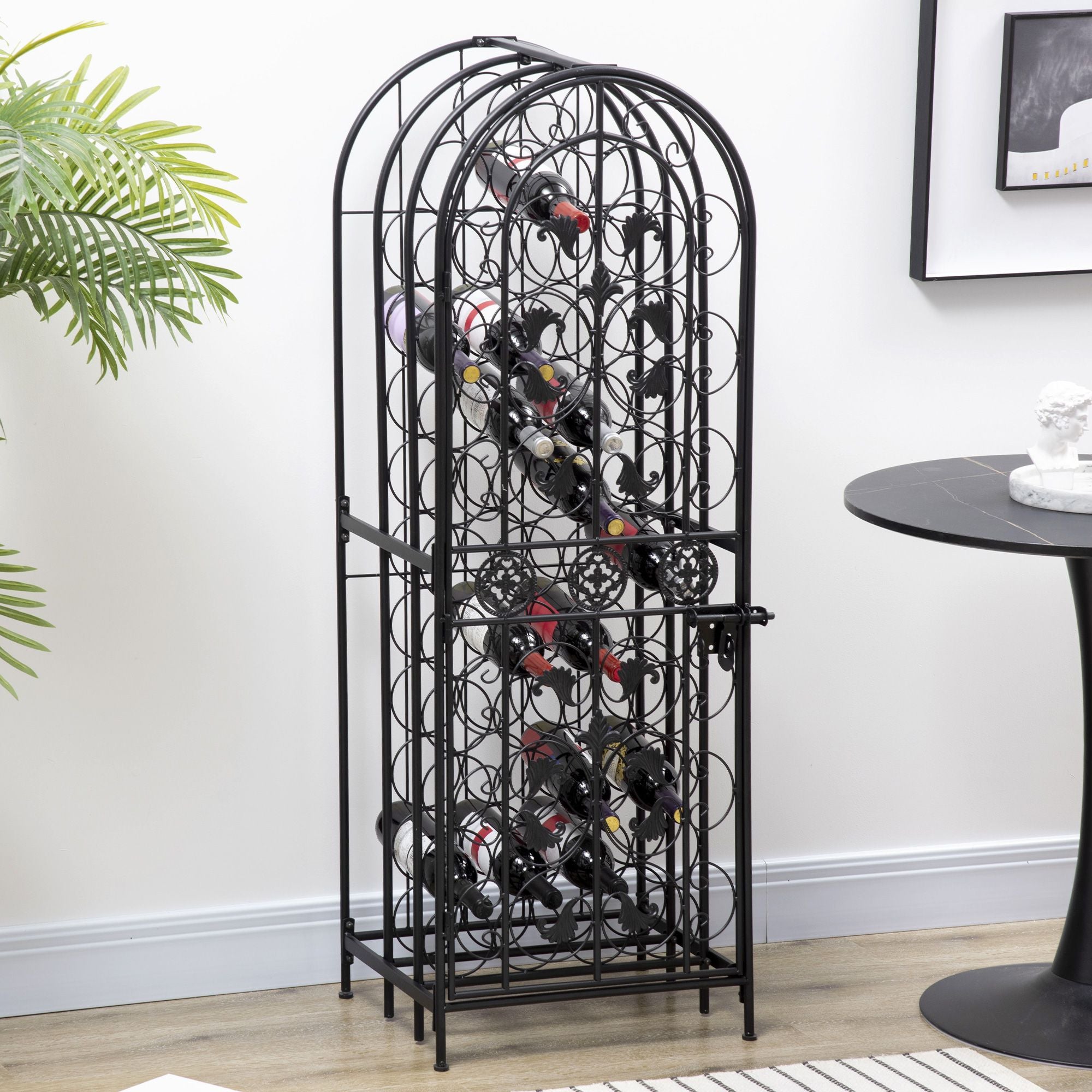 45 Bottle Wrought Iron Wine Rack Jail with Lock - Black