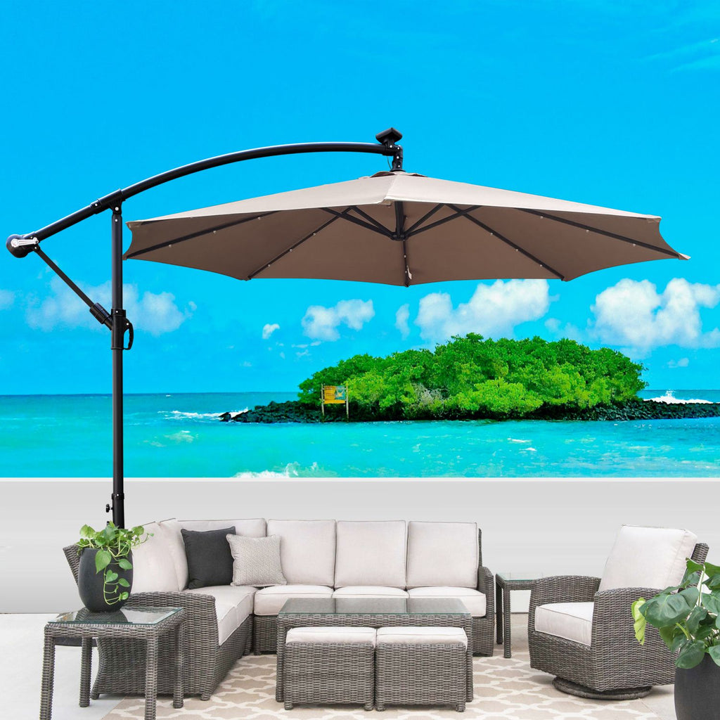 10 ft Outdoor Patio Umbrella Solar Powered LED Lighted Sun Shade Market Waterproof 8 Ribs Umbrella with Crank and Cross Base for Garden Deck Backyard Pool Shade Outside Deck Swimming Pool