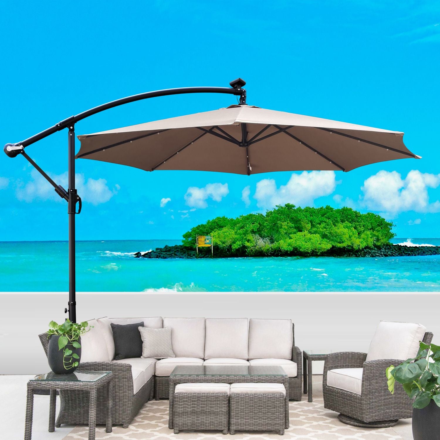 10 ft Outdoor Patio Umbrella Solar Powered LED Lighted Sun Shade Market Waterproof 8 Ribs Umbrella with Crank and Cross Base for Garden Deck Backyard Pool Shade Outside Deck Swimming Pool