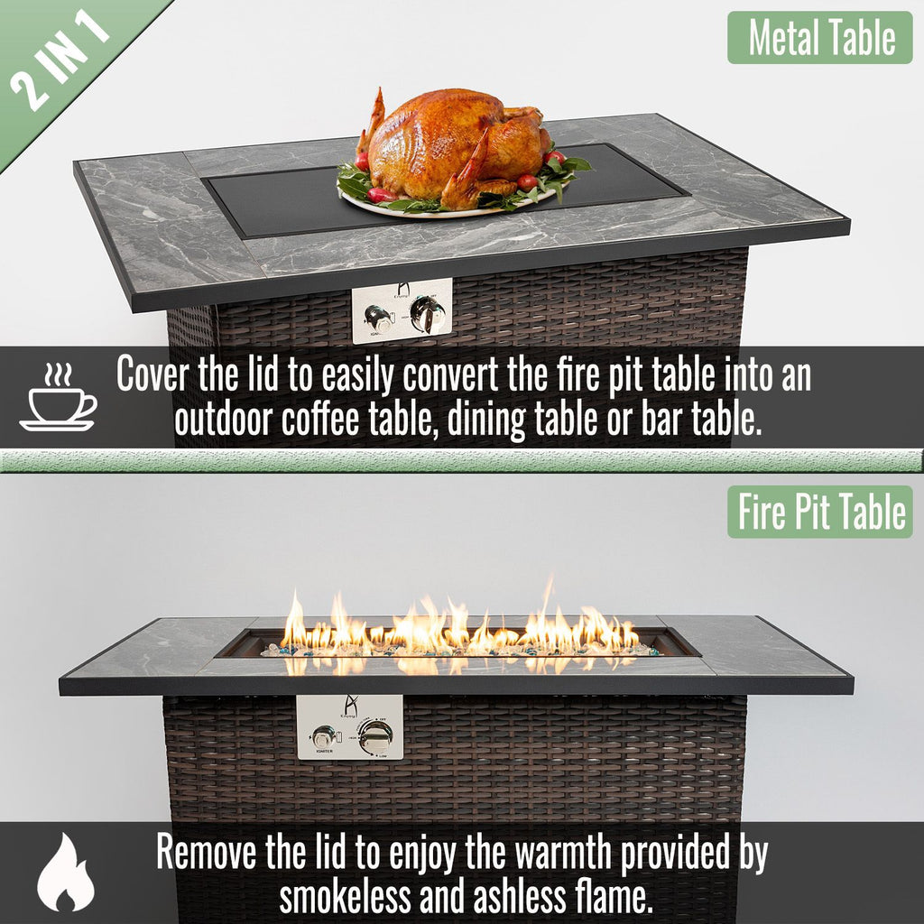 44" Propane Gas Fire Pit Table, 50000 BTU Rectangular Fire Pit, Tile Tabletop with Beautiful Wicker Base for Outside Patio Deck Garden Courtyard-Brown