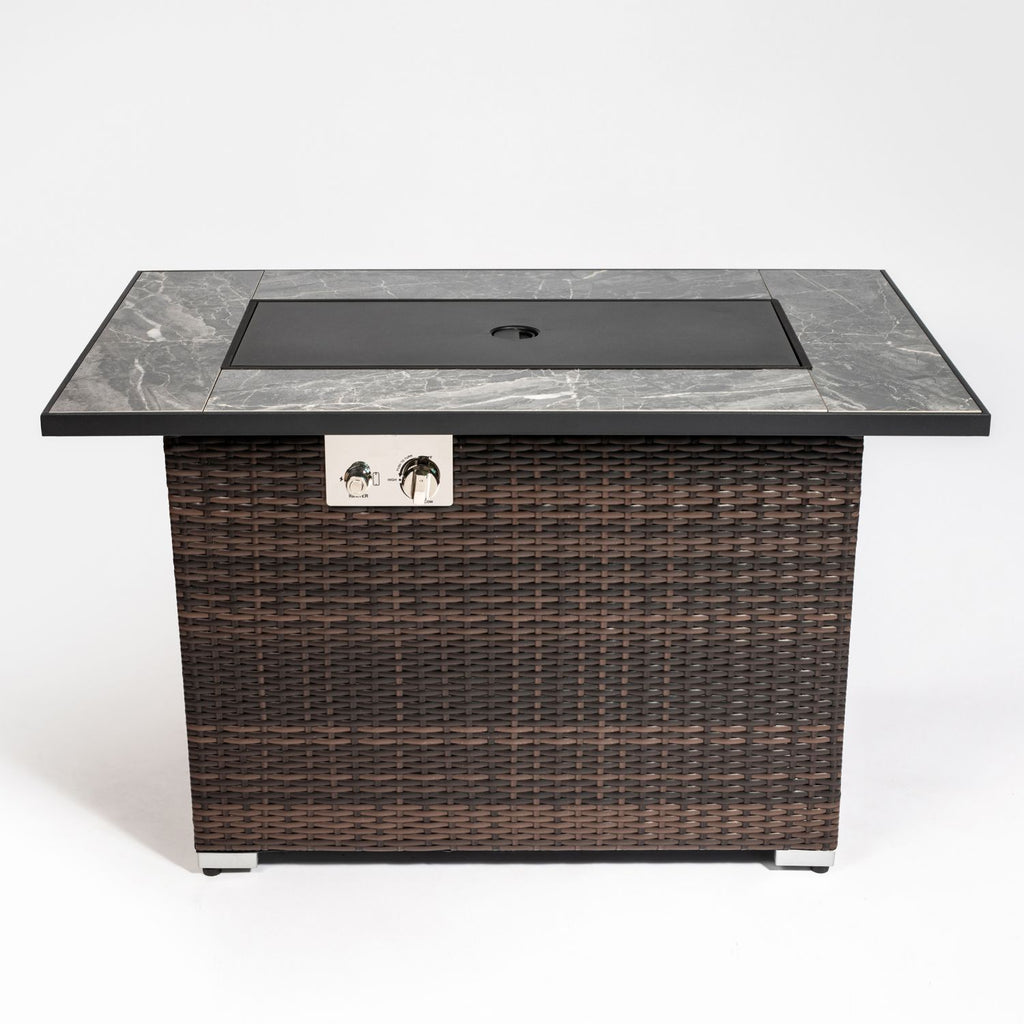 44" Propane Gas Fire Pit Table, 50000 BTU Rectangular Fire Pit, Tile Tabletop with Beautiful Wicker Base for Outside Patio Deck Garden Courtyard-Brown