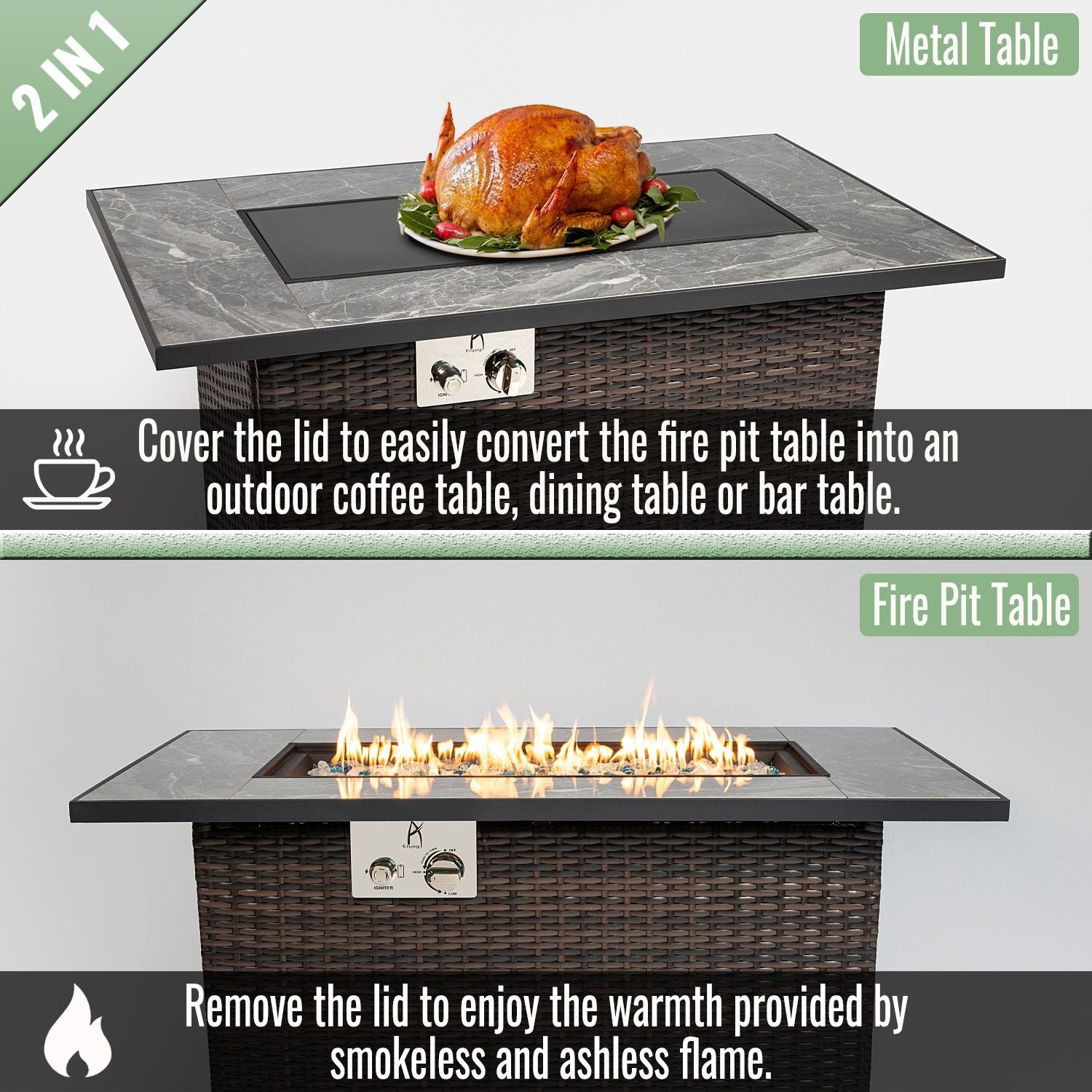 44" Propane Gas Fire Pit Table, 50000 BTU Rectangular Fire Pit, Tile Tabletop with Beautiful Wicker Base for Outside Patio Deck Garden Courtyard-Brown