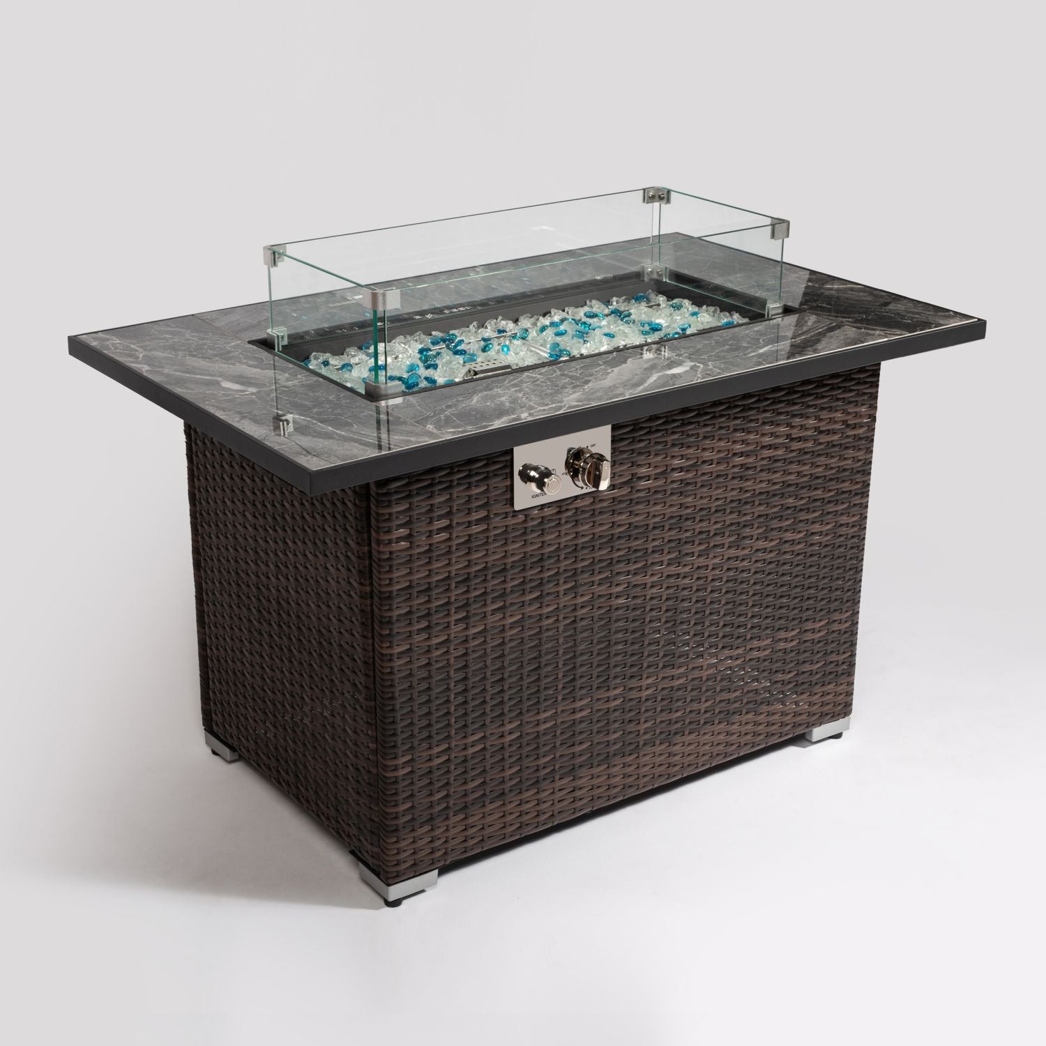 44" Propane Gas Fire Pit Table, 50000 BTU Rectangular Fire Pit, Tile Tabletop with Beautiful Wicker Base for Outside Patio Deck Garden Courtyard-Brown
