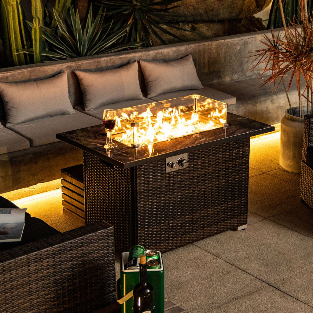 44" Propane Gas Fire Pit Table, 50000 BTU Rectangular Fire Pit, Tile Tabletop with Beautiful Wicker Base for Outside Patio Deck Garden Courtyard-Brown