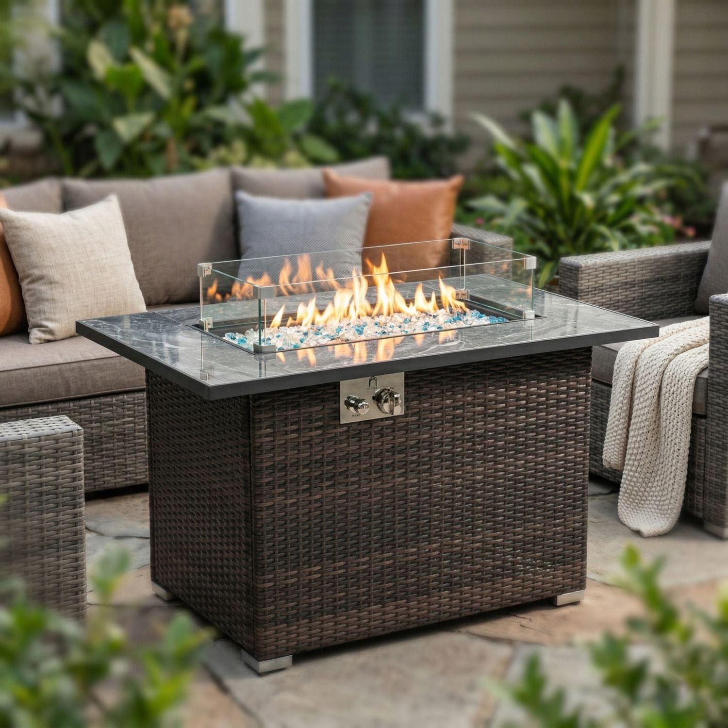 44" Propane Gas Fire Pit Table, 50000 BTU Rectangular Fire Pit, Tile Tabletop with Beautiful Wicker Base for Outside Patio Deck Garden Courtyard-Brown