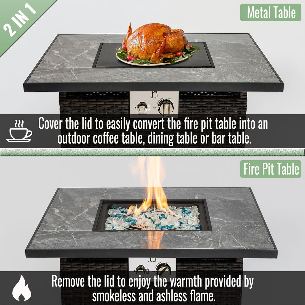 30" Propane Gas Fire Pit Table, 50000 BTU Square Fire Pit, Tile Tabletop with Beautiful Wicker Base for Outside Patio Deck Garden Courtyard-Brown